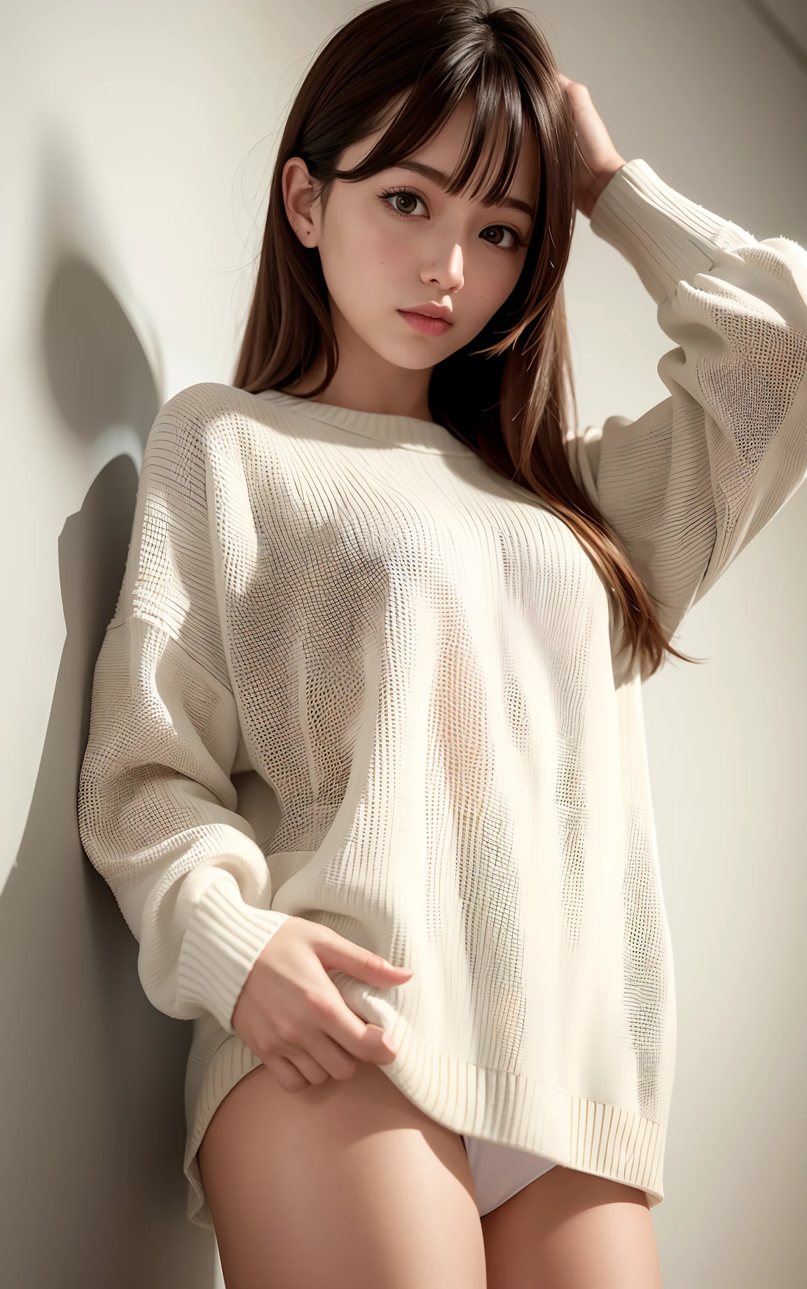 1 girl at home standing, best quality, beautiful, beautiful, beautiful, stylish detailed, CG, unity,8k wallpaper, amazing, stylish detail, beautiful, best quality, official art, detailed CG Unity 8k wallpaper, absurdres, ridiculous, unbelievably ridiculous, huge file size, super detailed, high resolution, very detailed, beautiful detailed girl, very detailed eyes and face, beautiful detailed eyes, (RAW photo, best quality), (realism, realism: 1.3), light on the face, 1girl, full body, full body photo, (very oversized sweater, sweater, open sweater)), (white vest), (white vest), (light brown hair: 1), long hair, ((puffy eyes)), (small breasts)), (fantasy chest)), (Kpop idol), (aegyo sal), bangs, (wall background), blank, skinny, (sweater), (relaxed)), (relaxed), happy, looking at the audience, facing the wall facing forward , bare arms, (cover, panties,