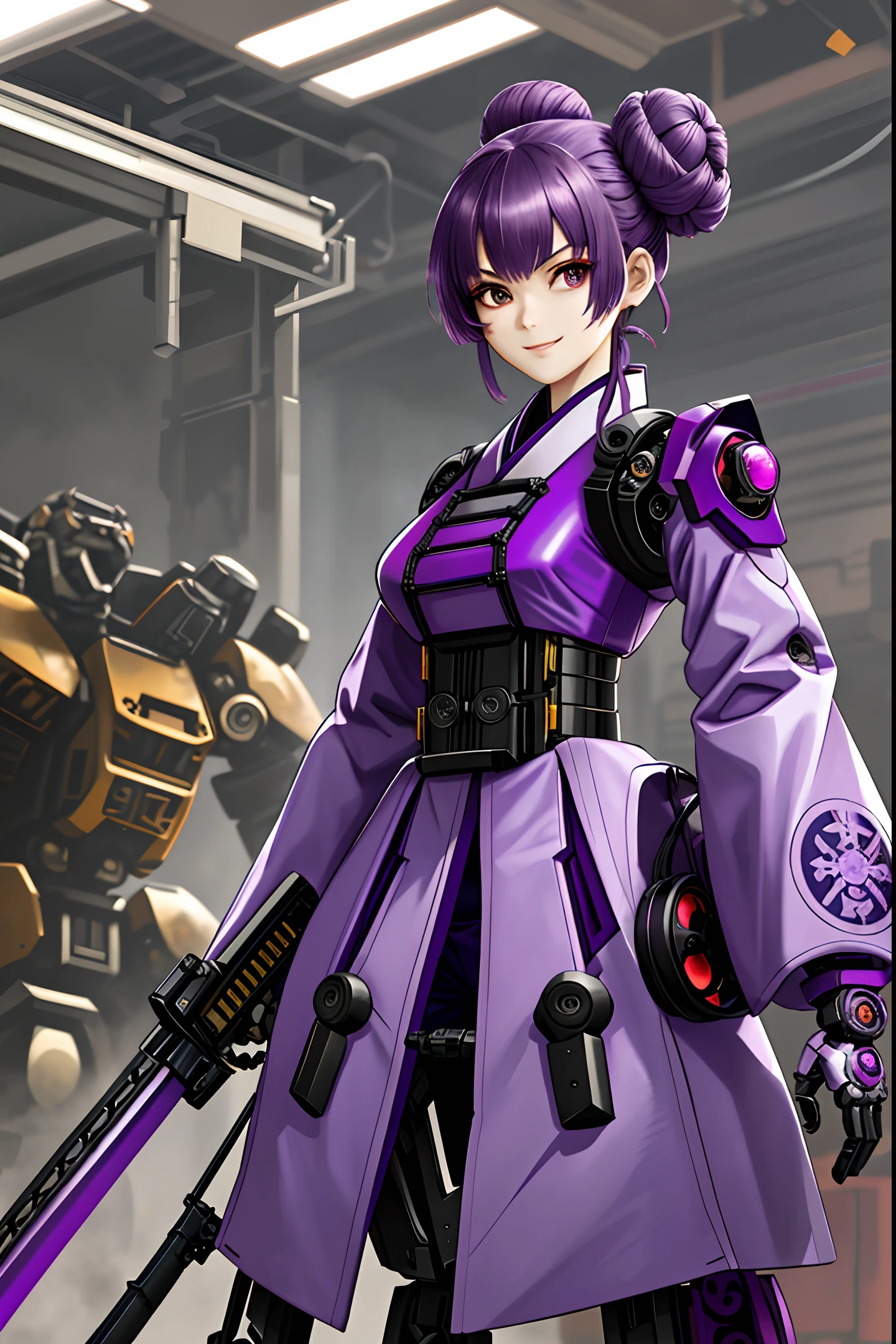 best quality, high_resolution, distinct_image, detailed background purple hanbok,fused robot,girl,holding weapon,mecha musume:0.5, in factory,exoskeleton, evil grin, short purple hair with buns, spider motifs, black widow, samurai sword