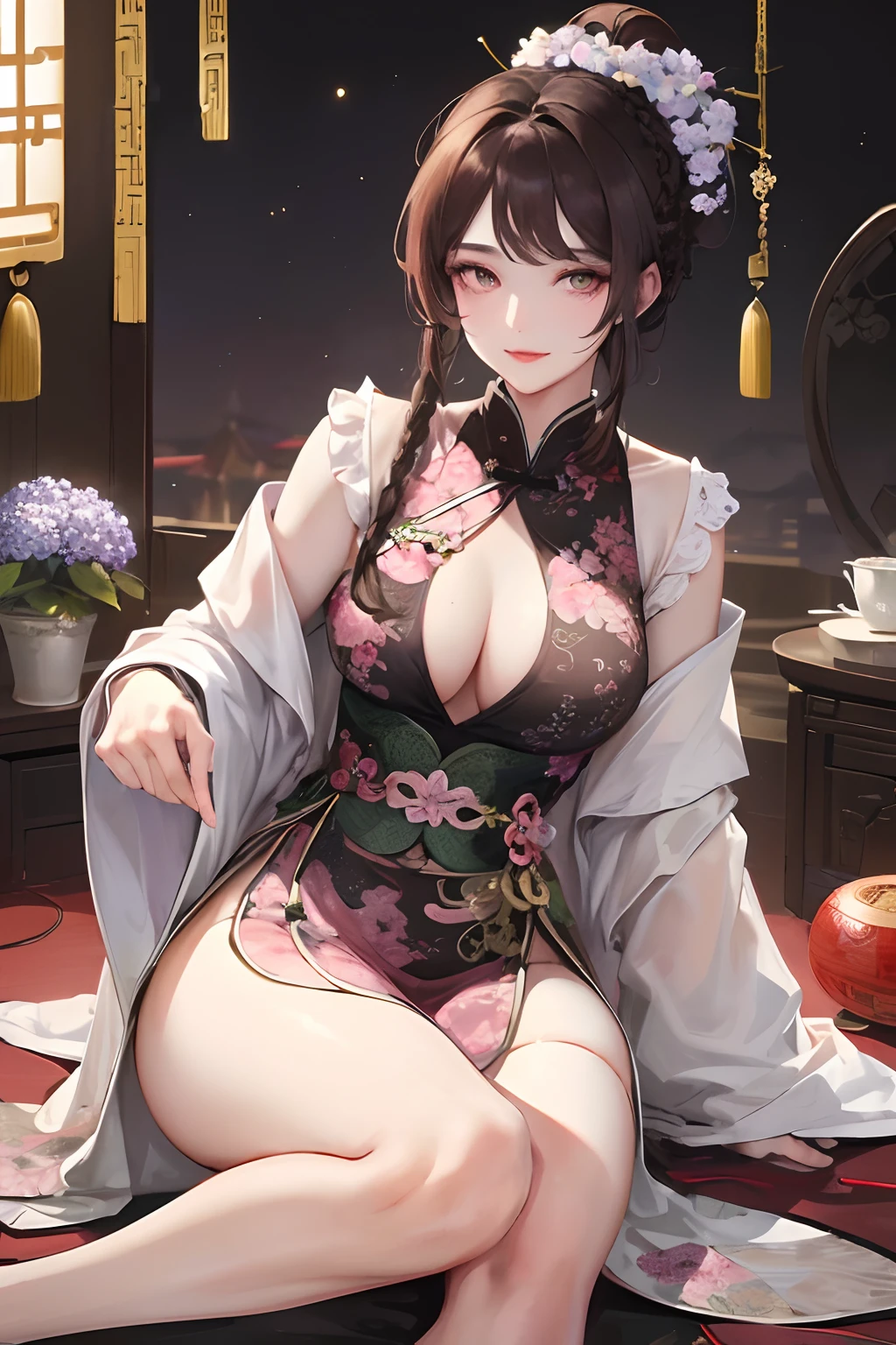 Masterpiece, Best, Night, Full Moon, 1 Female, Mature Woman, Chinese Style, Ancient China, Sister, Yujie, Smile, Dark Brown Hair, Princess Cut, Braid, Updo Hair, Double Ball Head, Pale Pink Lips, Calm , Intellectual, middle parted hair, green pupils, hairpins, hydrangeas,
