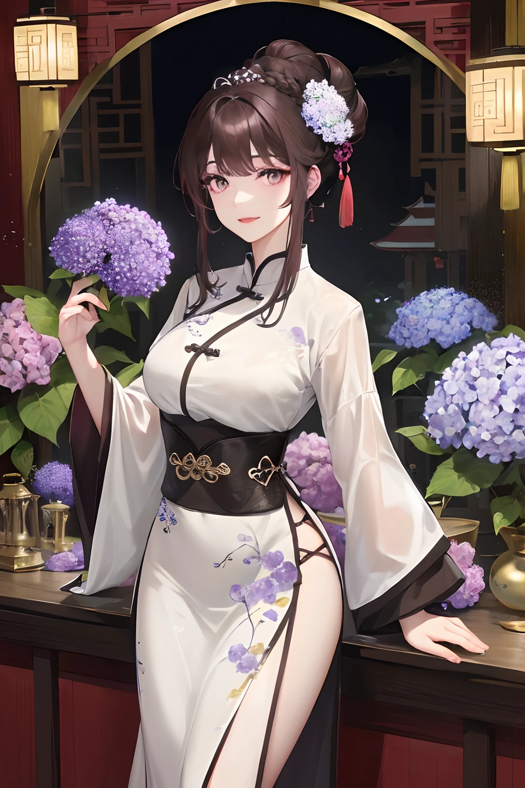 Masterpiece, Best, Night, Full Moon, 1 Female, Mature Woman, Chinese Style, Ancient China, Sister, Yujie, Smile, Dark Brown Hair, Princess Cut, Braid, Updo Hair, Double Ball Head, Pale Pink Lips, Calm , Intellectual, middle parted hair, green pupils, hairpins, hydrangeas,