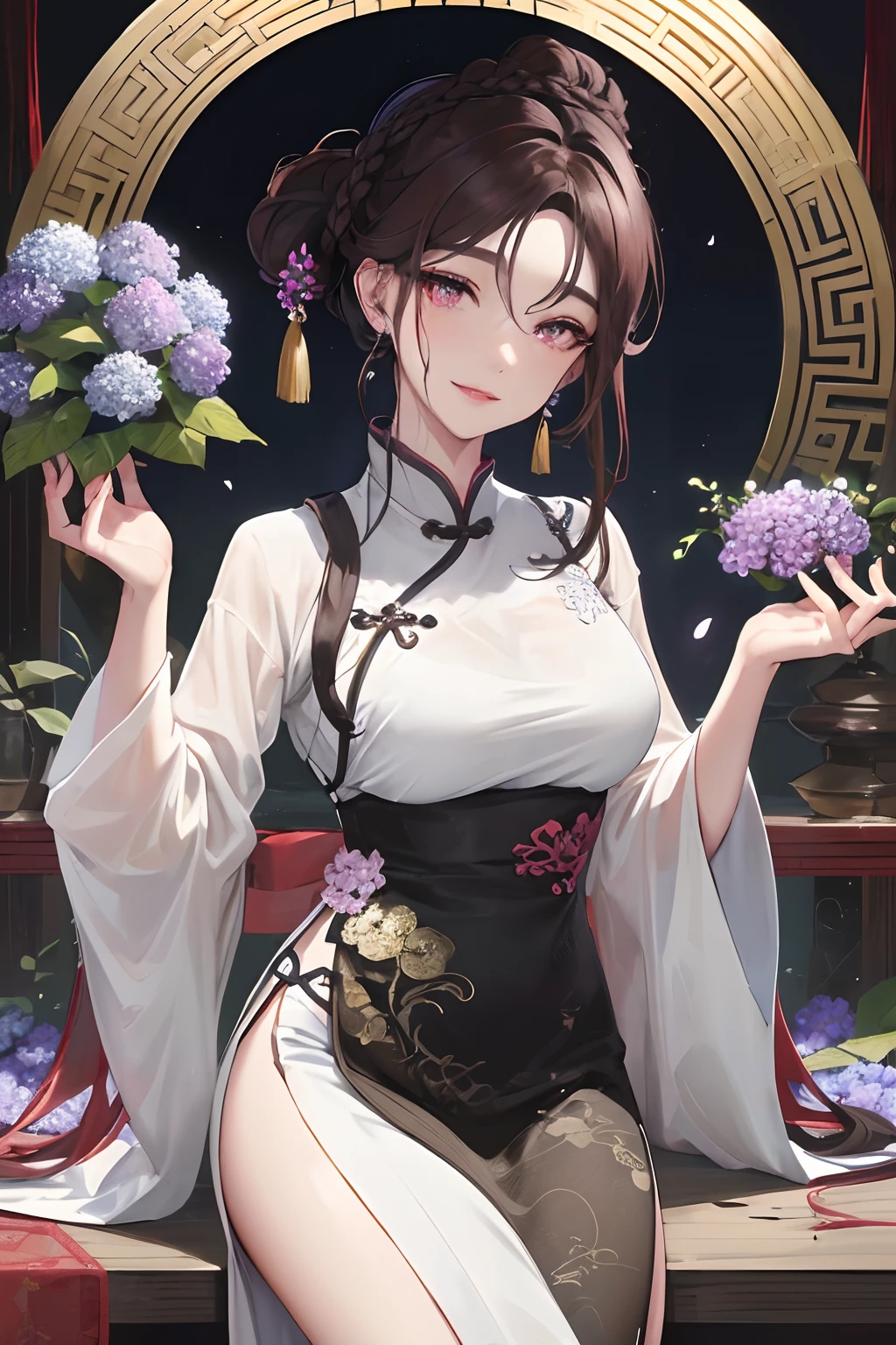 Masterpiece, Best, Night, Full Moon, 1 Female, Mature Woman, Chinese Style, Ancient China, Sister, Yujie, Smile, Dark Brown Hair, Princess Cut, Braid, Updo Hair, Double Ball Head, Pale Pink Lips, Calm , Intellectual, middle parted hair, green pupils, hairpins, hydrangeas,