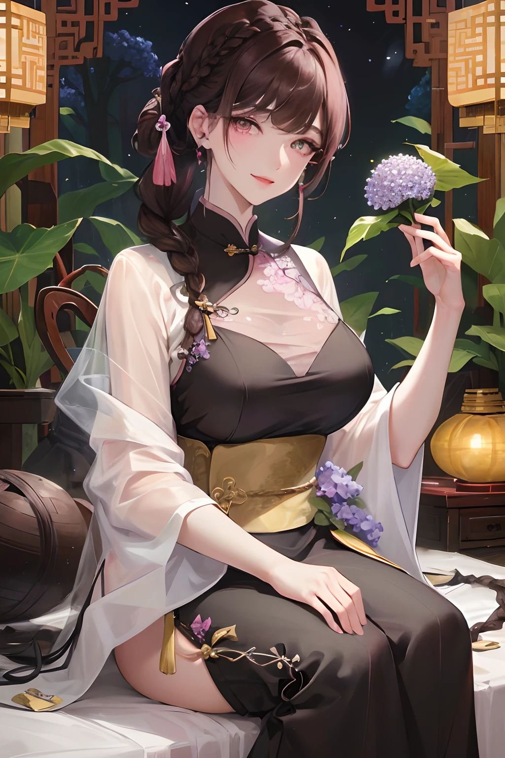 Masterpiece, Best, Night, Full Moon, 1 Female, Mature Woman, Chinese Style, Ancient China, Sister, Yujie, Smile, Dark Brown Hair, Princess Cut, Braid, Updo Hair, Double Ball Head, Pale Pink Lips, Calm , Intellectual, middle parted hair, green pupils, hairpins, hydrangeas,