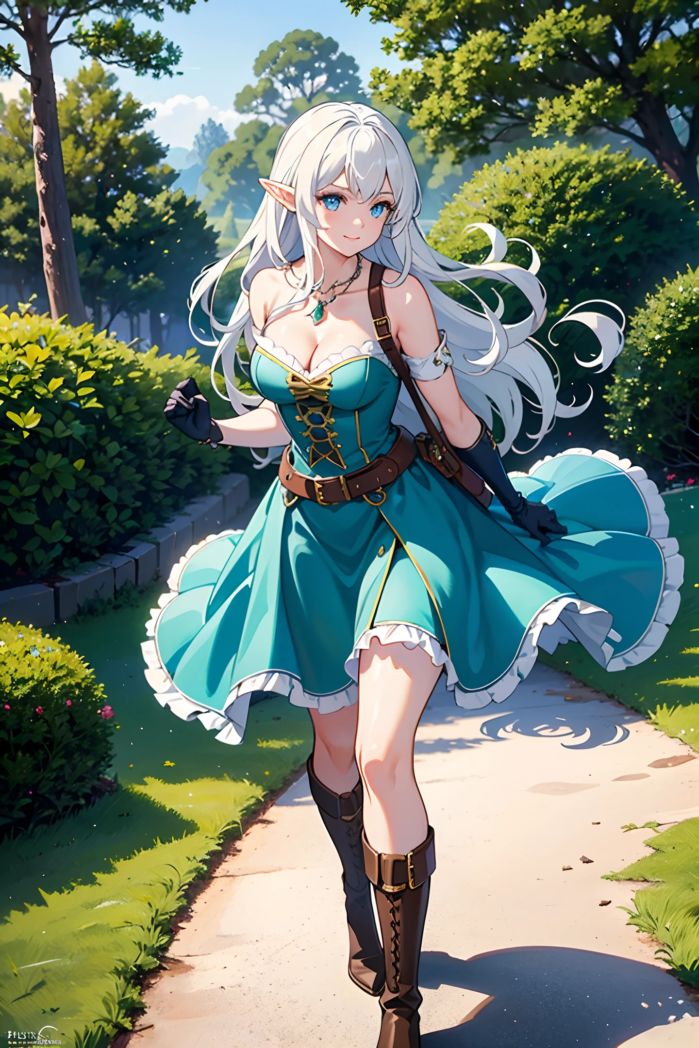 solo,1girl,masterpiece,ray_tracing,delicate_slim_figure,beautiful_curves,correct_limbs,high_quality,best_shadows,realistic_lighting,subtle_smiles,exquisite_expressions,detailed_clothes,detailed_expressions,delicate_faces,charming_girl,dress,boots,perfect_anatomy, corsets,belts,magic,elegant_backgrounds,stunning_illustrations,Adventurers,Western fantasy,fantasy,semi-elves,elven_ears,musician,music, bard,silver_hair,lightweight_leather_armor,white_stockings,fantasy,dragons_and_dungeons,necklaces,armour,leg_rings,medium_breasts,looking_at_viewer,bare_shoulders,cleavage,perfect_face,lustrous_skin,beautiful_eyes,whole_body,adwenture,fighting,standing,outside,outdoor,forest,leather_gloves,blue_eyes,leather_bag,Medieval_city