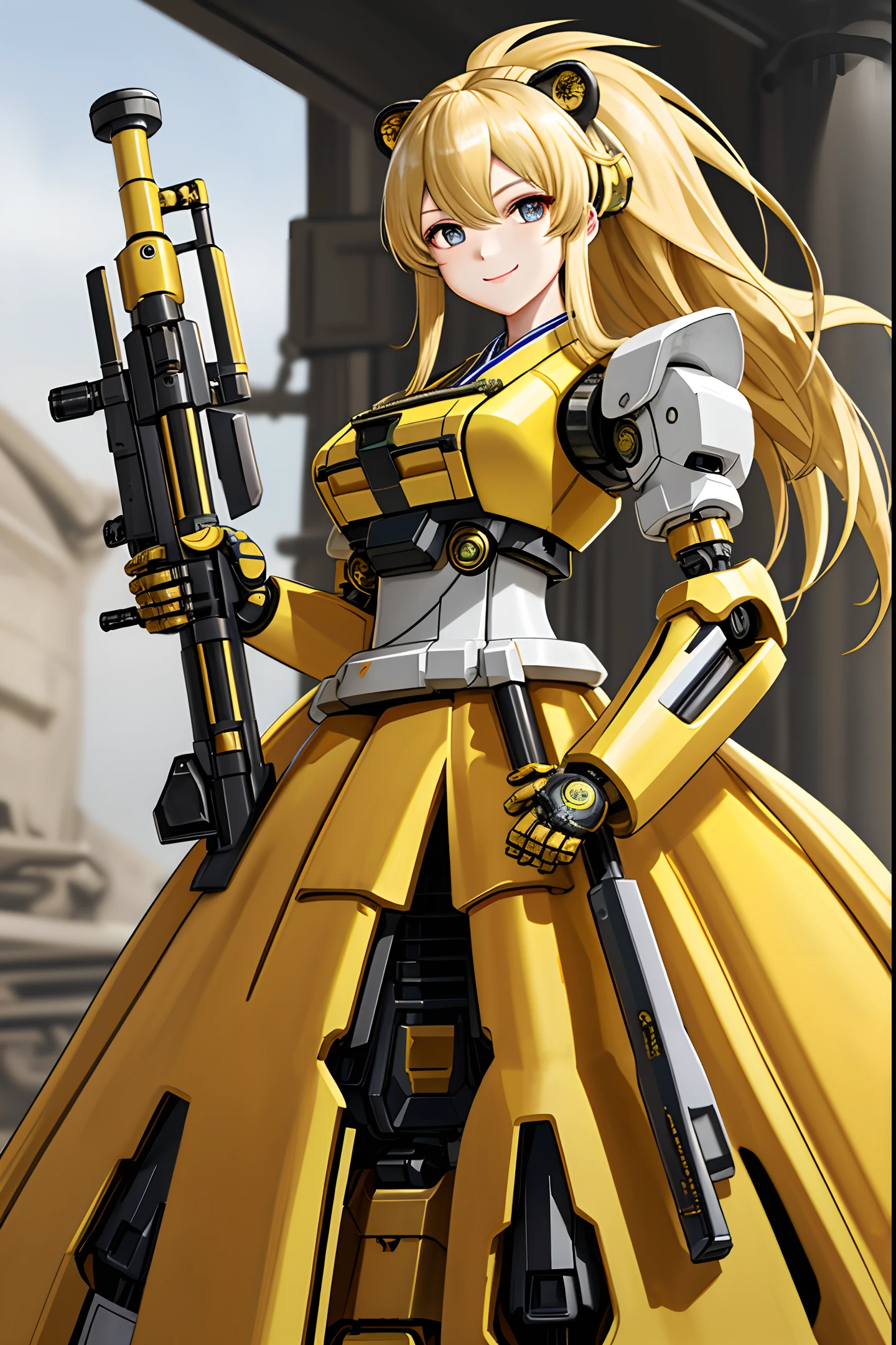 (best quality, high_resolution), distinct_image, detailed background, yellow hanbok, fused robot, 1girl,holding weapon, mecha musume:0.5, in savannah, exoskeleton, one closed eye, smile, lion mane, long straight blonde hair, big breasts