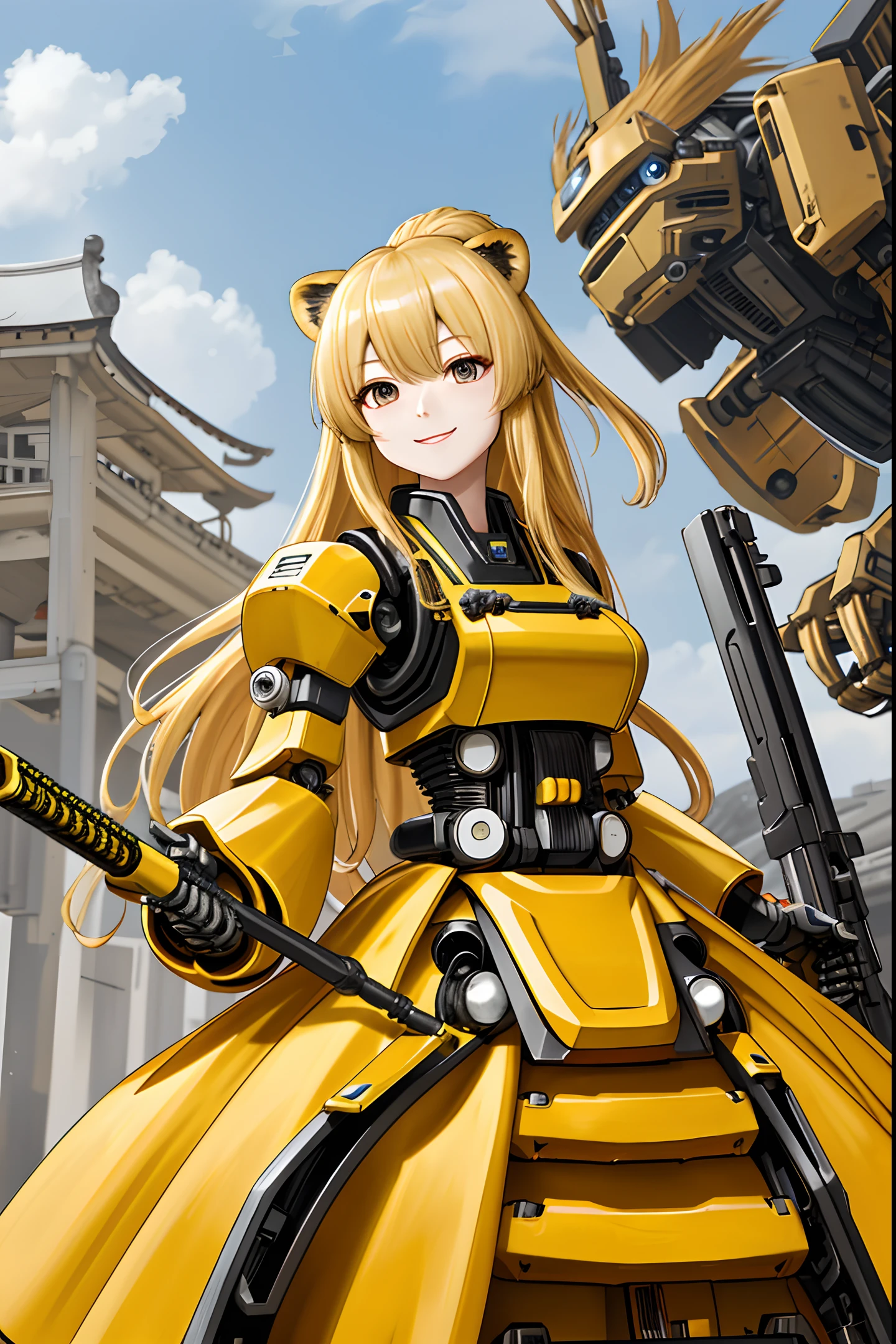 (best quality, high_resolution), distinct_image, detailed background, yellow hanbok, fused robot, 1girl,holding weapon, mecha musume:0.5, in savannah, exoskeleton, one closed eye, smile, lion mane, long straight blonde hair, big breasts