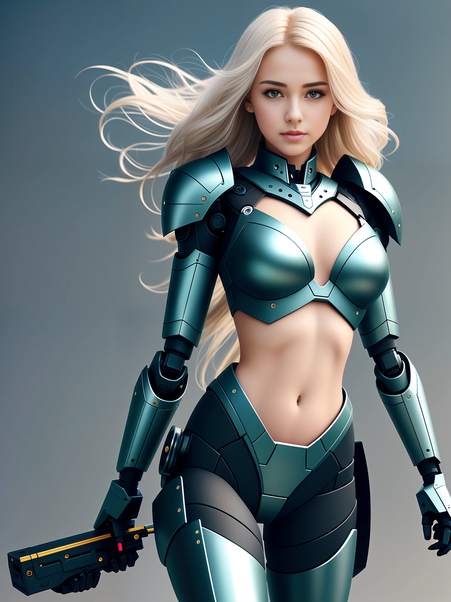 young female head, shoulders, chest and belly. robot arms and legs, metal bra and flat belly, cleavage, shoulder armor, hip armor, extremely pretty and feminine, petite, slender, round hips, sharp image, gallery quality, illustration, award winning, highest quality, bokeh, science fiction, fantasy, glowing trim, detailed shadows, intricate robotic details, detailed hair, hair blowing in wind 