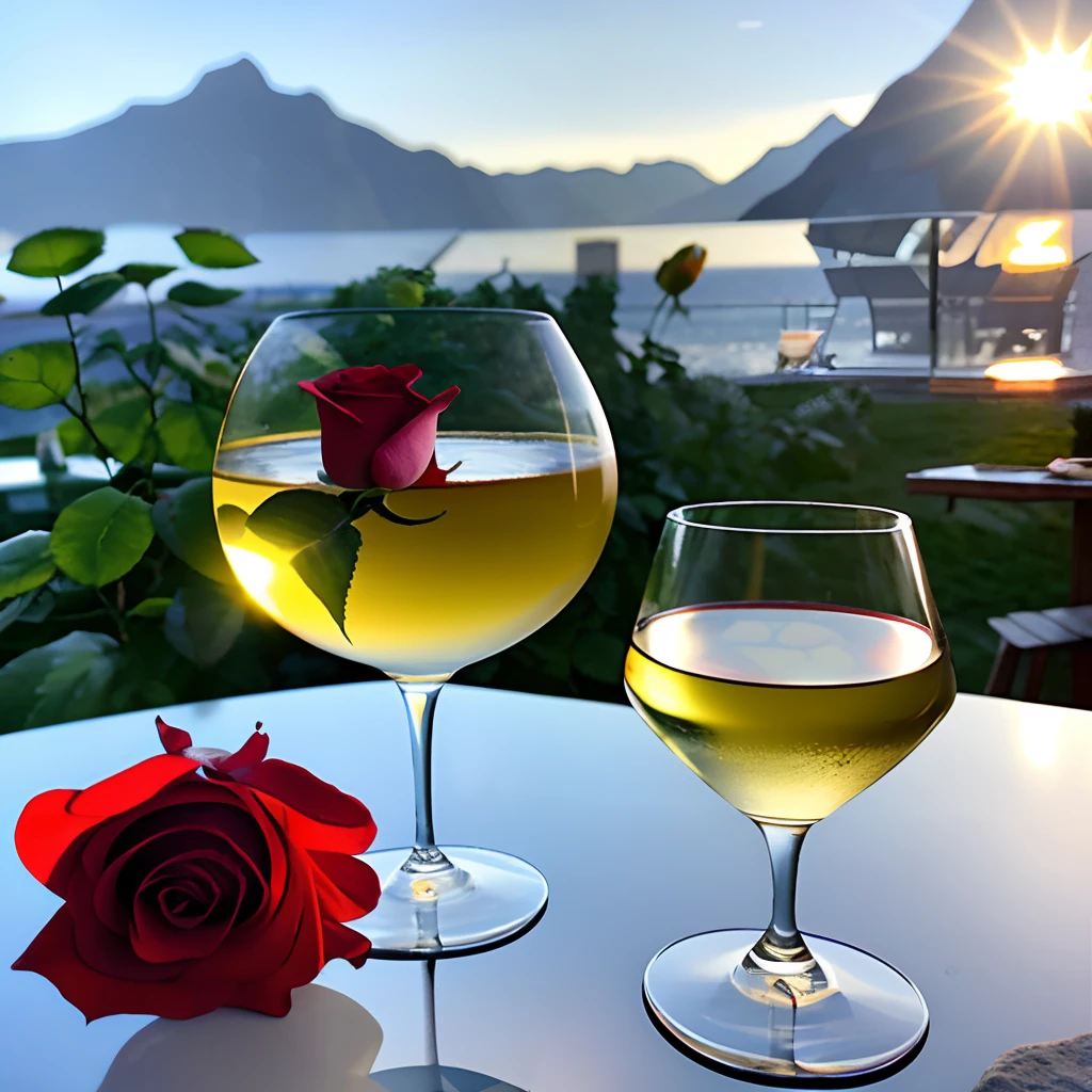 the sun in a crystal glass by the sea, against the background of the mountains, a glass of regular classical shape, open from above, below, next to the glass, lies a red rose, high-quality realistic photography