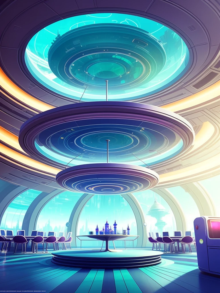 there is a large room with a circular table and chairs, concept art inspired by senior environment artist, polycount contest winner, retrofuturism, futuristic setting, futuristic chemistry lab, metaverse concept art, futuristic casino, futuristic laboratory, stylized concept art, relaxing concept art, archillect concept art, futuristic space port, surreal sci fi set design, smooth concept art.