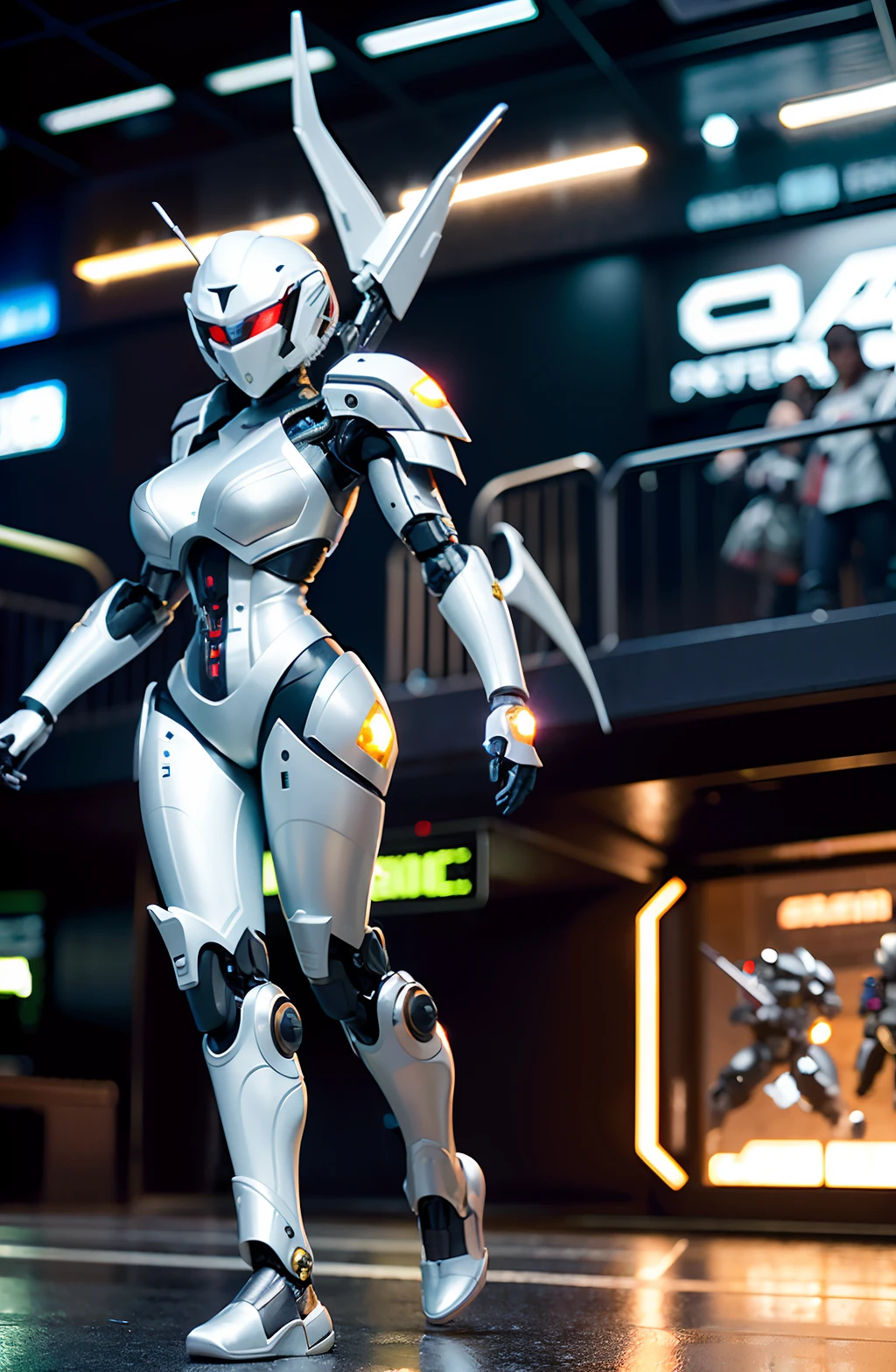 The intricate 3D rendering depicts a beautiful robot with an elegant, sexy, mature fighter in the face of an elegant, sexy, and mature fighter, armed with two guns, exuding an advanced futuristic vibe, fighting the enemy. In a cyberpunk-style city, neon lights, light pollution, subtle color gradients, and intricate details are surrounded by combat robots (battle: 1.5), H.R. Giger style, 8k, the highest quality, masterpiece, extremely delicate, extremely delicate, extremely realistic: 1.37), stunning details, masterpieces, official illustrations, extremely detailed Unity CG 8k wallpapers, dres, incredible bodies, robots, silver components, all fighting robots