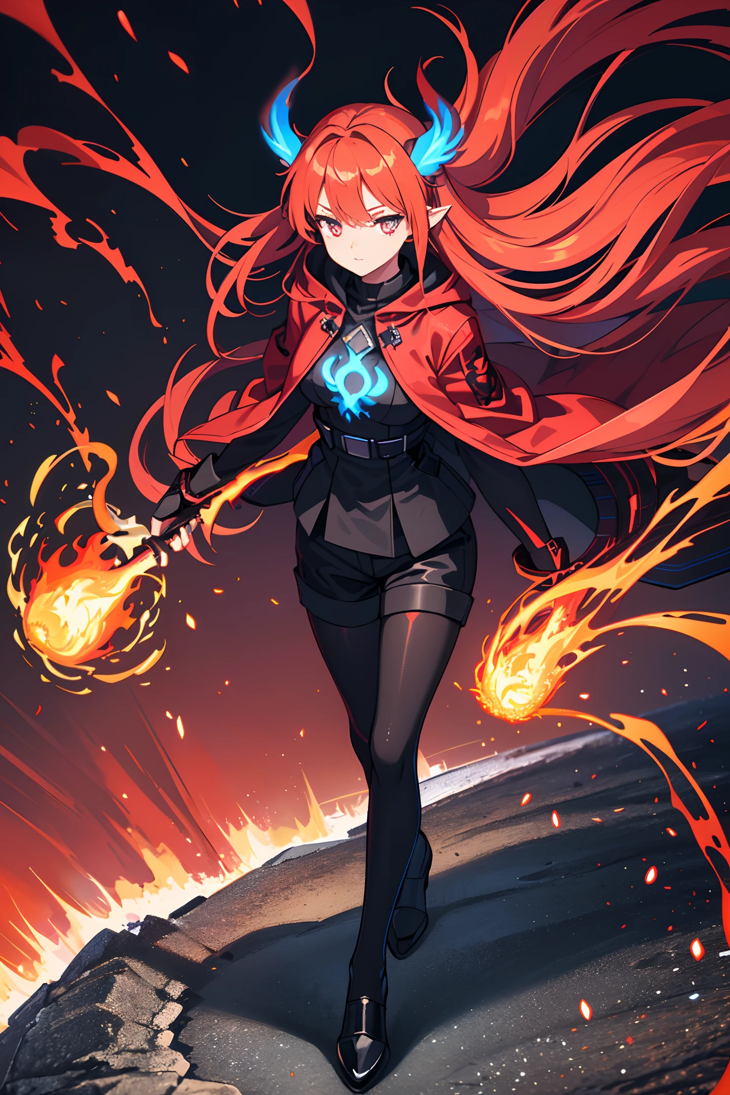 (masterpiece:1.2, best quality), (extremely detailed CG unity 8k wallpaper, masterpiece, best quality, ultra-detailed, best shadow), (beautiful detailed face, beautiful detailed eyes), (finely detailed beautiful eyes: 1.2), (1 girl), (long crimson hair:1.2), (black hooded jacket:1.2), (black shirt:1.2), (black shorts:1.2), (black tights socks:1.2), (glowing chest rune:1.2), (glowing crimson eyes:1.2), (fingerless gloves:1.1), big breasts, (crimson horns:1), fire witch, (blue flame particles:1.3), (red flame particles), (black background), high contrast