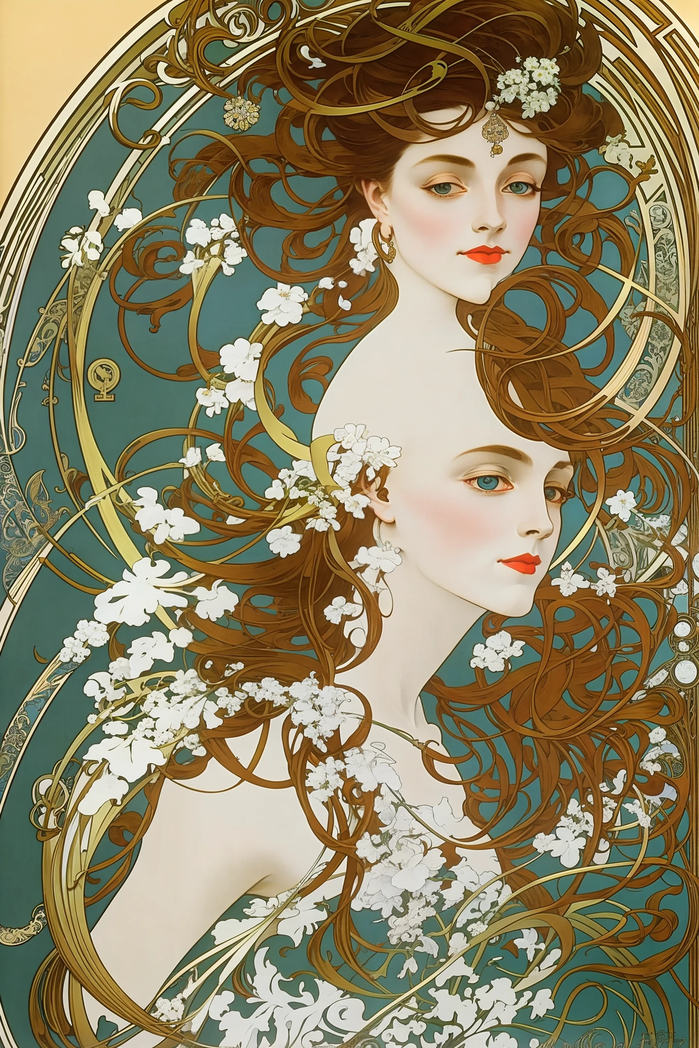 [Alphonse Mucha CCDHT Art Nouveau style, a full-body portrait of a female character, detailed facial features, emphasis on hair and eyes, beautiful clothing and jewelry, elegant and graceful pose, soft and natural lighting, artistic and dreamy background]