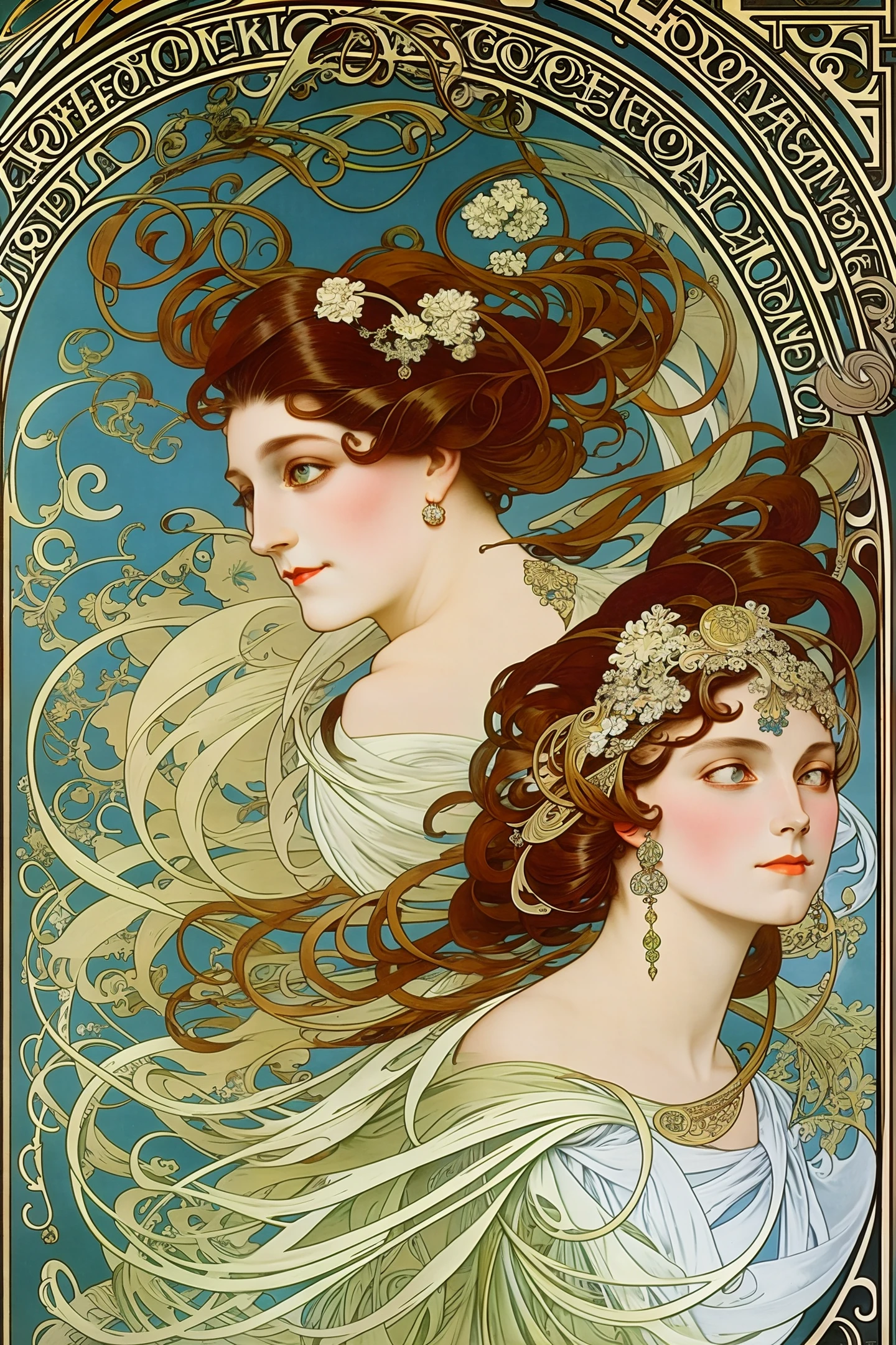 [Alphonse Mucha CCDHT Art Nouveau style, a full-body portrait of a female character, detailed facial features, emphasis on hair and eyes, beautiful clothing and jewelry, elegant and graceful pose, soft and natural lighting, artistic and dreamy background]