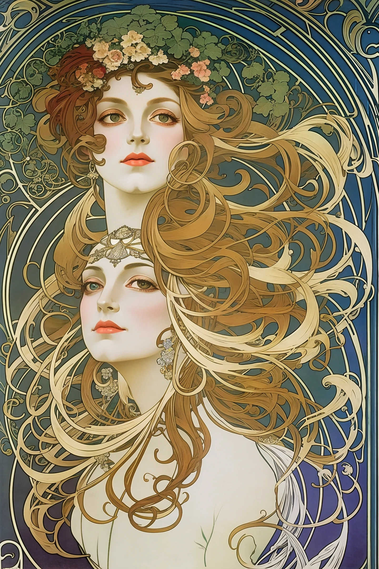 [Alphonse Mucha CCDHT Art Nouveau style, a full-body portrait of a female character, detailed facial features, emphasis on hair and eyes, beautiful clothing and jewelry, elegant and graceful pose, soft and natural lighting, artistic and dreamy background]
