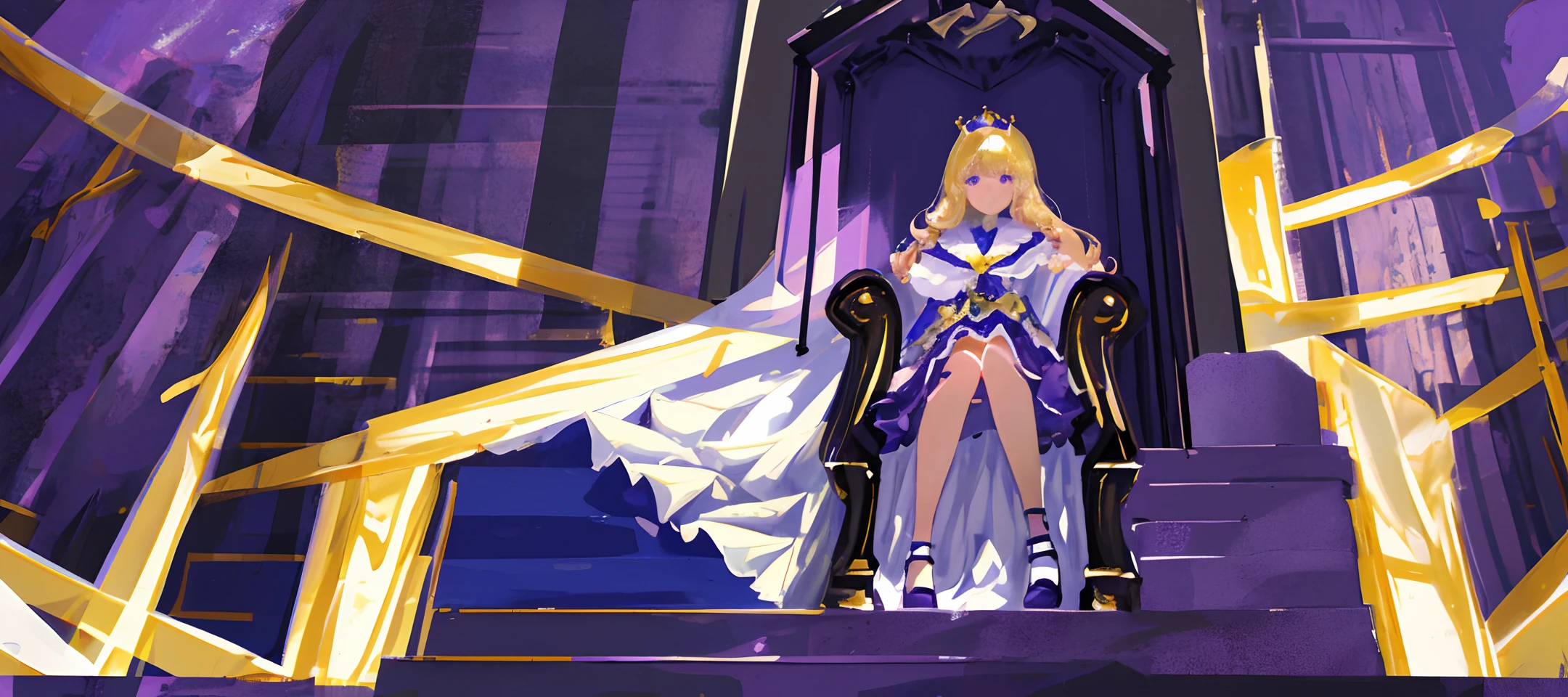 (masterpiece, best quality), ultra-detailed, illustration, 1girl, princess crown, purple eyes, blonde hair, castle throne room, frontal shot, girl sitting on throne