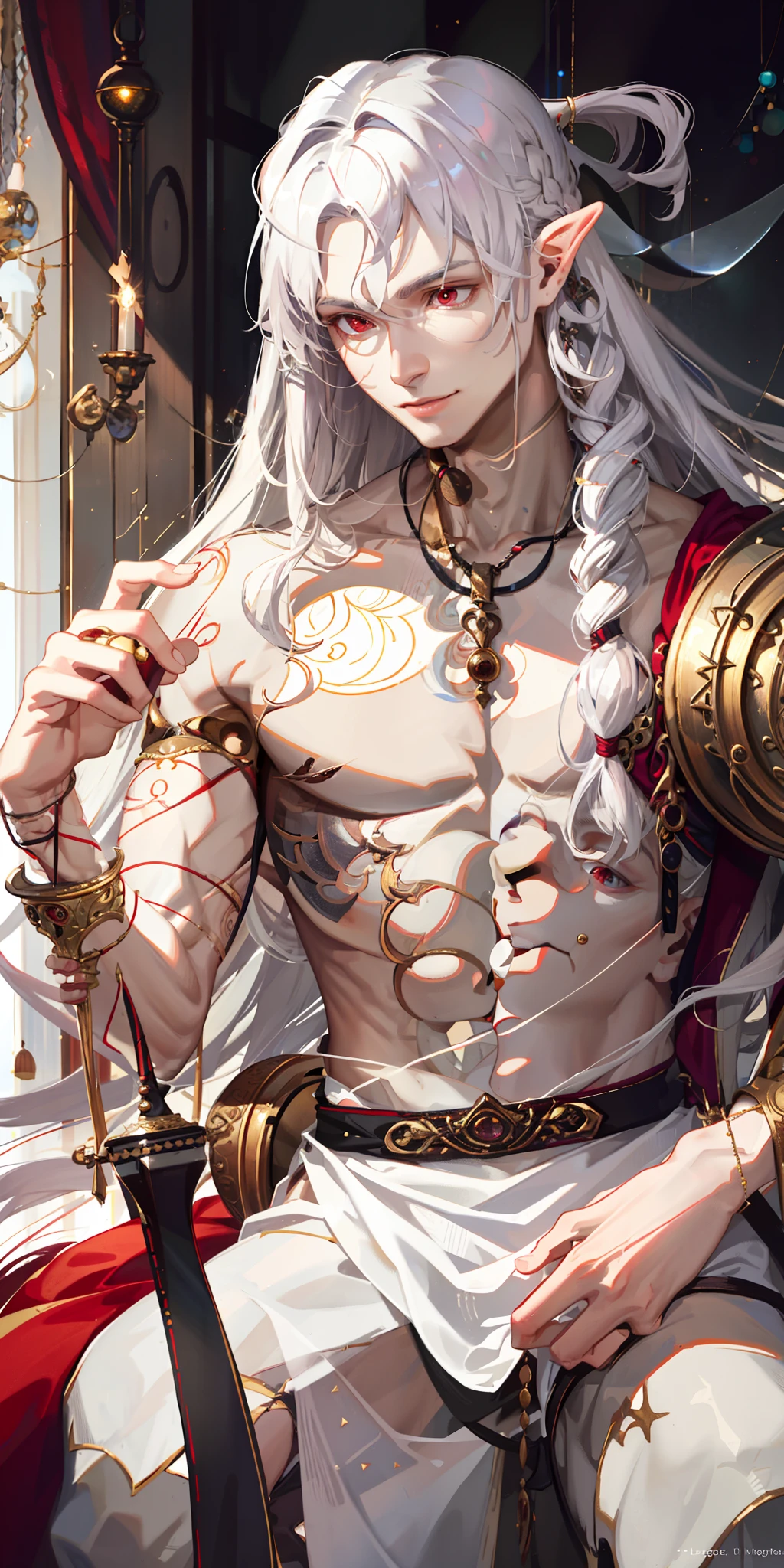 (Realistic:1.4), best quality, masterpiece, male, slender, muscular, pointed ears, light gray skin, long curly white hair, red eyes, smiling, bard, do not disturb, carrying a pipa on his back.