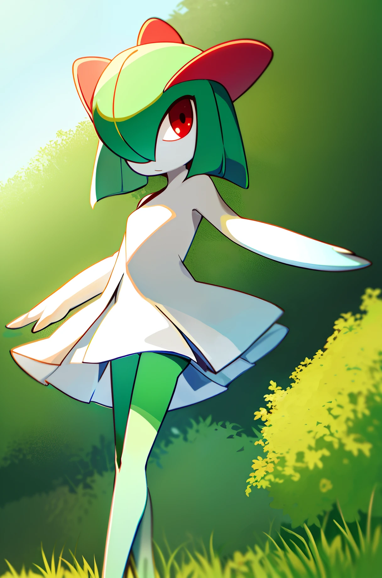 masterpiece, best_quality, 1girl, solo, kirlia, green hair, red eyes, white dress, green skin, short hair, bottom of skirt