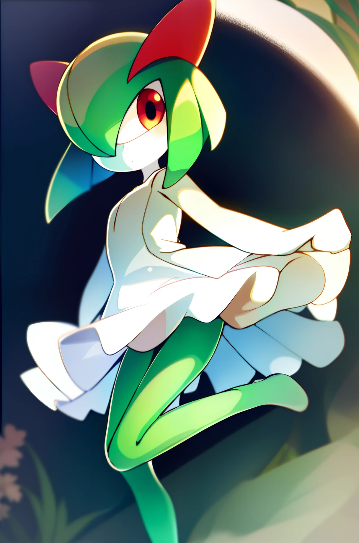 masterpiece, best_quality, 1girl, solo, kirlia, green hair, red eyes, white dress, green skin, short hair, bottom of skirt