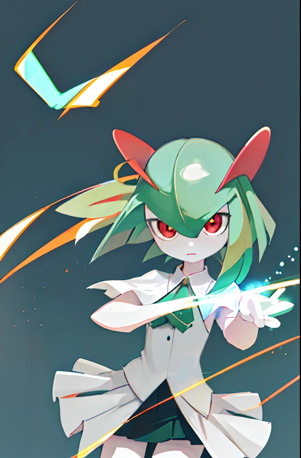 8k, super detail, volumetric light, upside-down, cowboy lens, masterwork, Pokemon, masterpiece, best_quality, 1girl, solo, kirlia, green hair, red eyes, white dress, green skin, short hair, underskirt, glowing skin, delicate eyes
