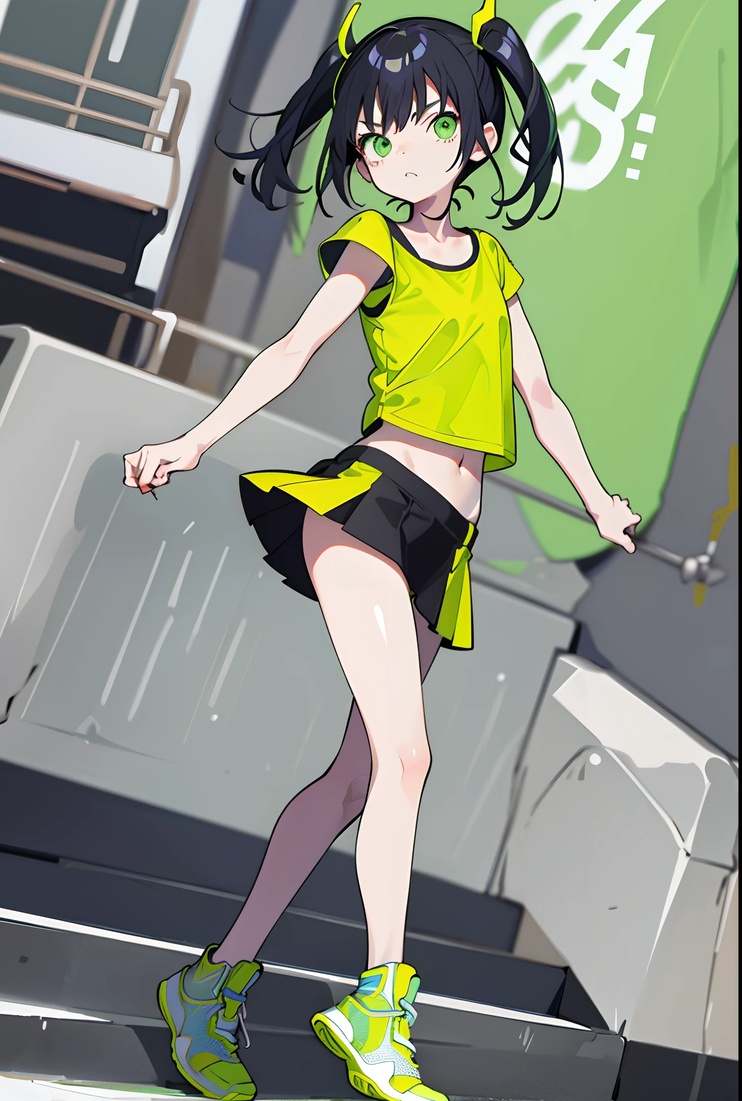 masterpiece, flat background, no background, full body, standing, 1girl, solo, cute, fluorescent green t-shirt, miniskirt, sneakers, 50mm portrait, delicate facial features, semi realistic, sharp focus, ultra detailed, absurdres, depth of field, neon