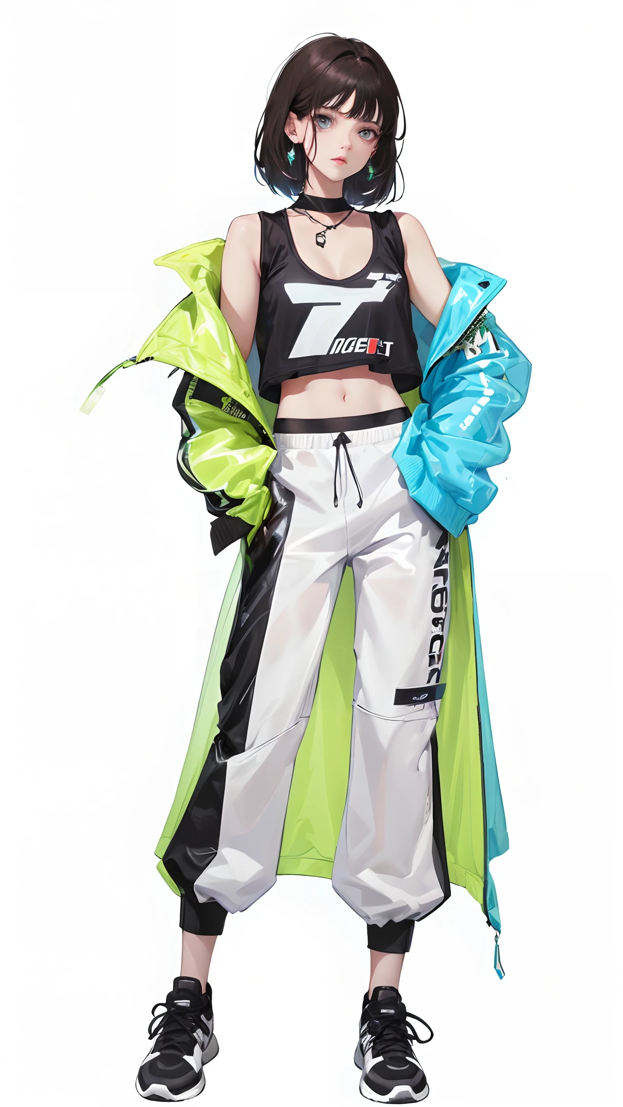 (Sports vest: 1.6), no clothes on the arms, realistic, (ultra-realistic: 1.2), masterpiece, top quality, bare wrists, dark hair, (shoulders: 1.9), short hair, dark background, black short sleeve t-shirt, hip hop pants, color, 1 person wearing a colored PVC vest (movie distracts attention)), full body, sneakers, beautiful eyes, sparks, accessories, portrait, original game, laser painting, c4d, pretty face, black bottom, 1 piece of women's clothing (color) transparent PVC material)) Coat shoes, film interference, Full body, pretty eyes, luse accessories, portraits, game art, character concept design, beauty, white background, masterpiece, high quality, high resolution