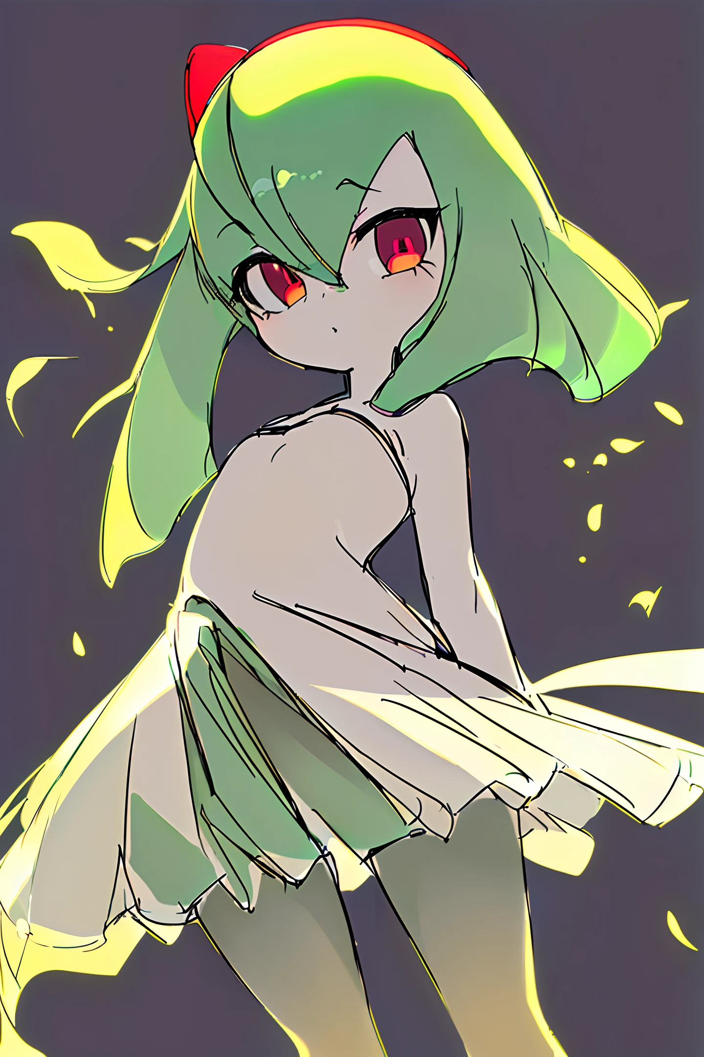 8k, ultra-detail, volumetric light, inverted, cowboy lens, masterpiece, Pokemon, masterpiece, best_quality, 1girl, solo, kirlia, green hair, red eyes, white dress, green skin, short hair, petticoat, glowing skin, delicate eyes