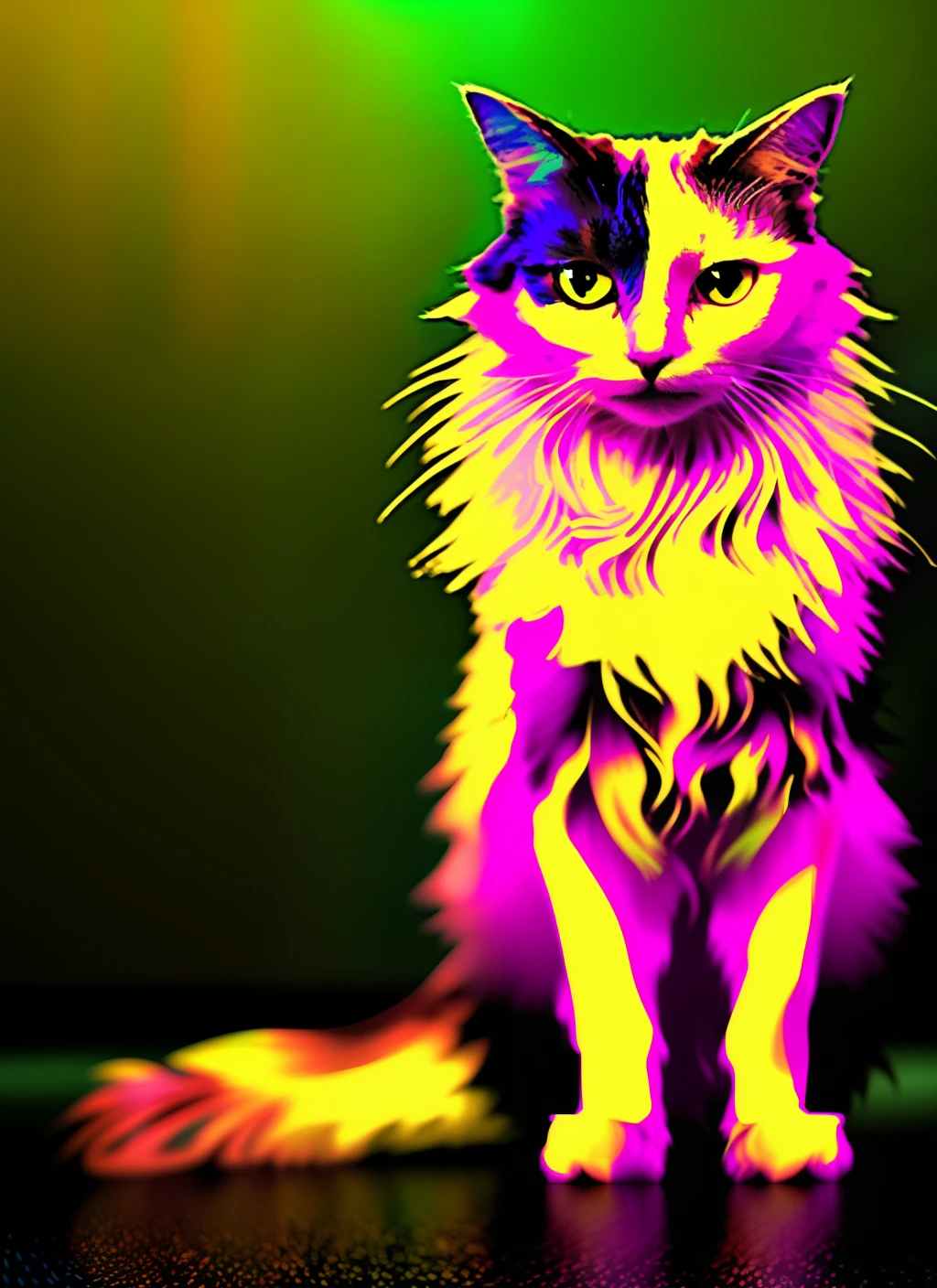 "A cat standing in a colorful void, mllocst, synthesizer, surreal, dramatic, portrait, octane render, Unreal Engine 5, ray tracing illumination, (yellow eyes), haze, shadows, atmospheric fog, 8k, f/1.2, backlight, rim light, darkness, vignette, tilt-shift, macro, highly intricate, highly detailed, symmetrical, poster art, face."