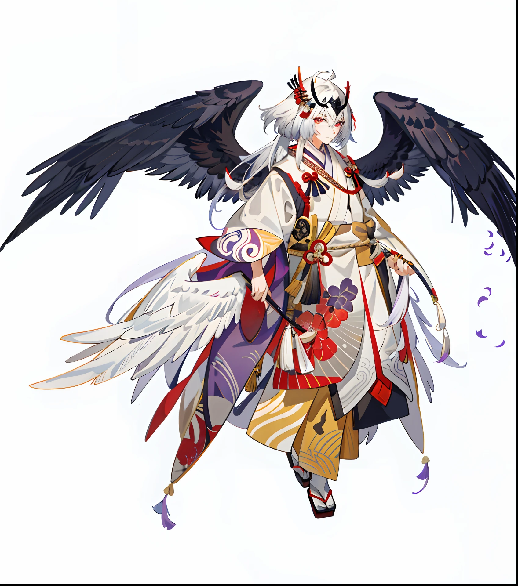 (:1.2, best quality)), man, tengu, onmyoji, bird's beak, furry, gray hair, white feathers, long wings, purple pupils, kimono, Japanese style, simple background