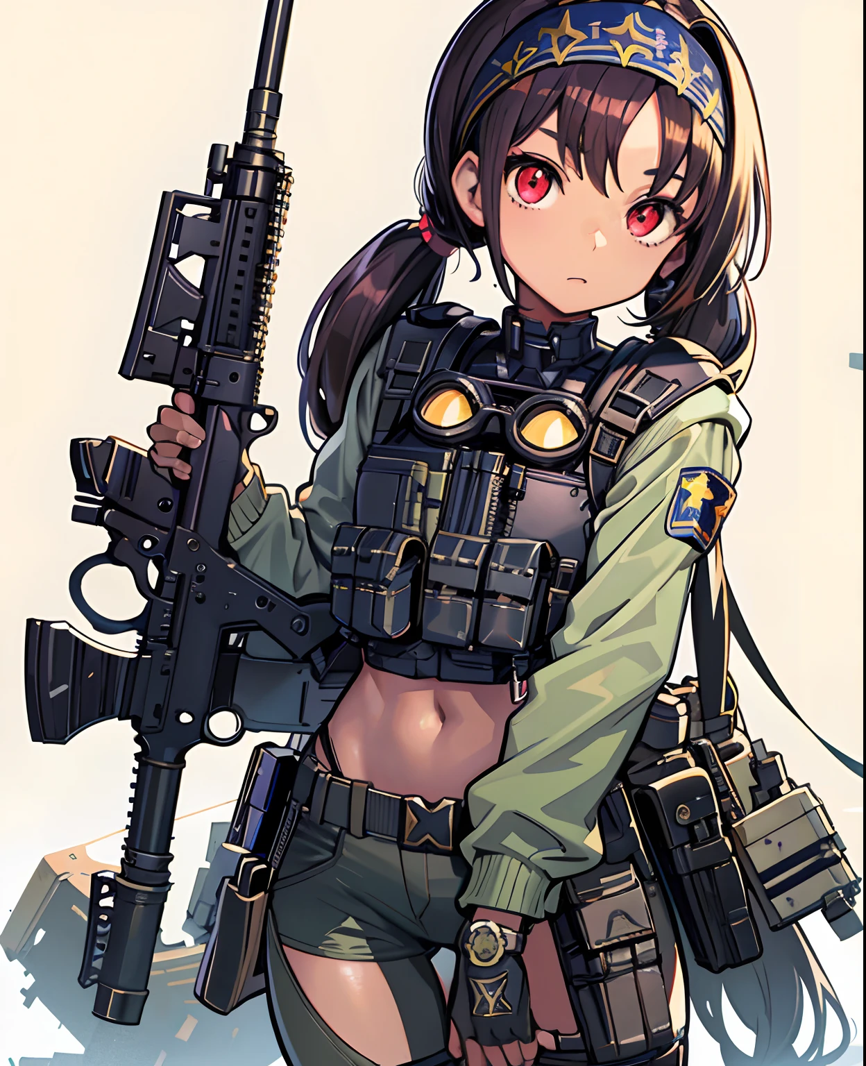 Mediterranean Girl, (clear eyes), (detailed iris), wearing full military gear, (soldier), (gun holster), (dark hair), (twintails), (vibrant eyes), (red eyes), (toned skin), (dark skin), (delicate features), (modest chest), (large hips), (military pants), (thick thighs), (thin waist), (headband), tactical goggles on forehead. Tatsuya Endo, Greg Rutkowski, Pixiv, Artstation