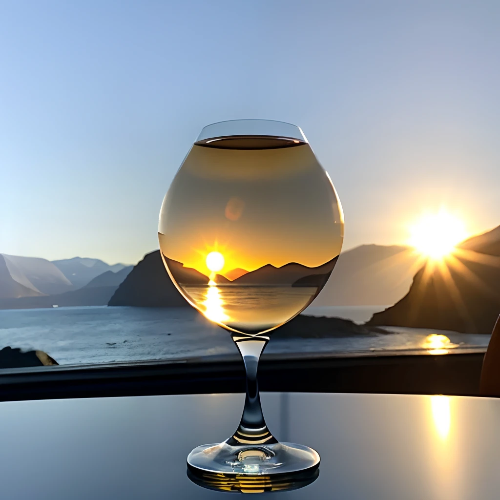 the sun in a crystal glass by the sea, against the background of the mountains, a glass of regular classical shape, open from above, below, next to the glass, lies a red rose, high-quality realistic photography, surround lighting