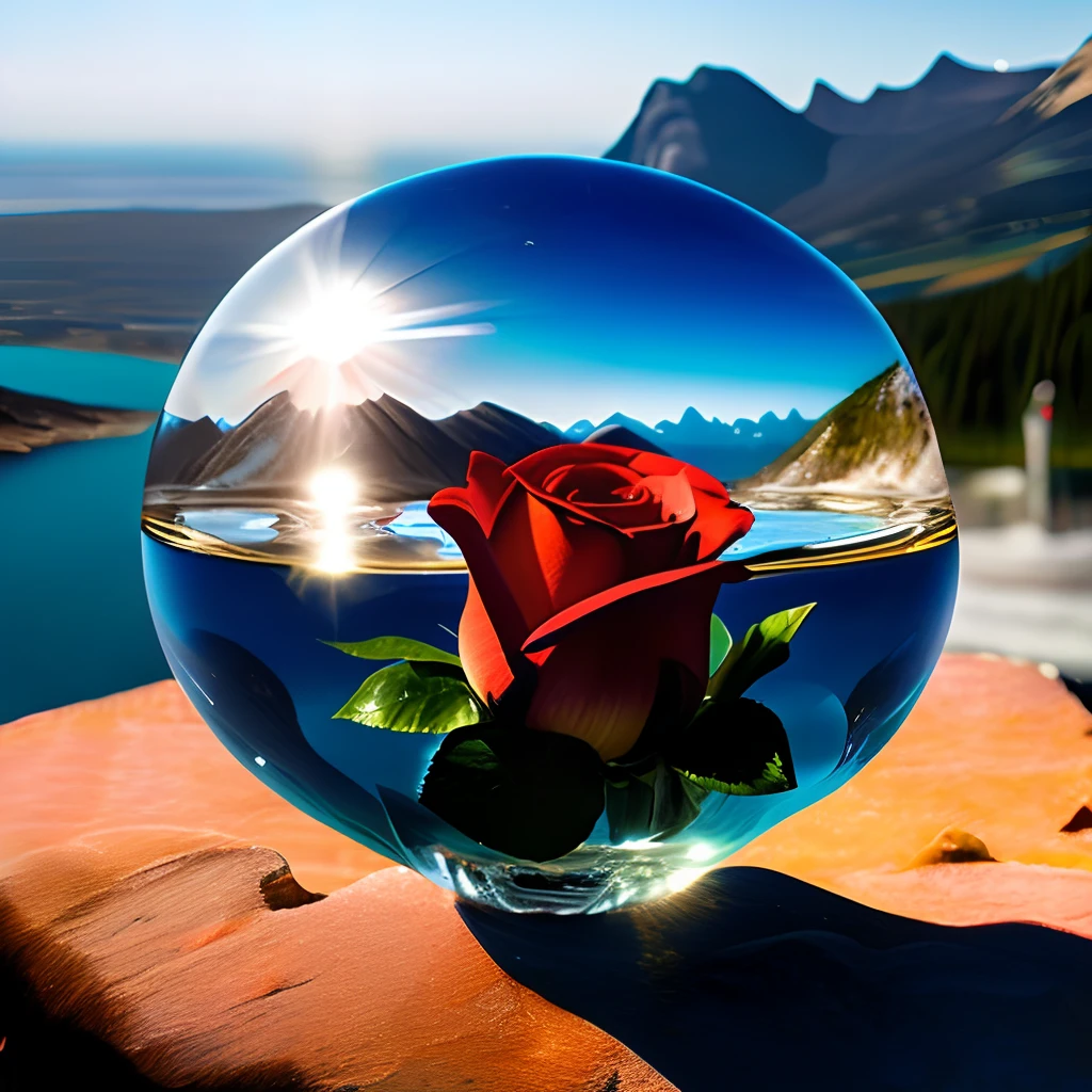 the sun in a crystal glass by the sea, against the background of the mountains, a glass of regular classical shape, open from above, below, next to the glass, lies a red rose, high-quality realistic photography, surround lighting