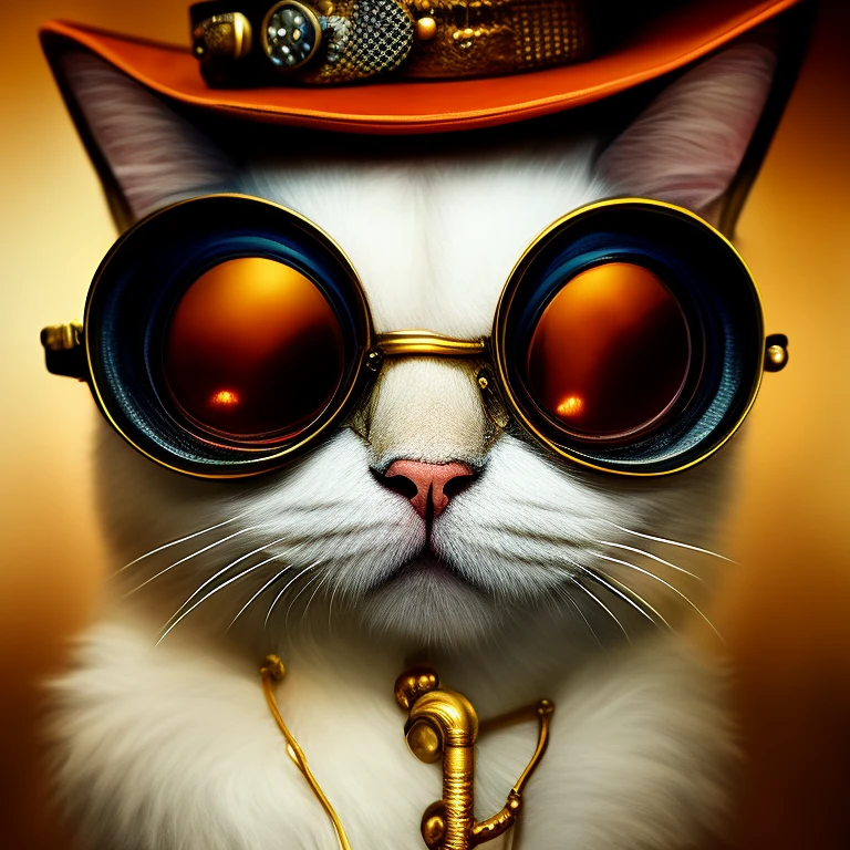  Oldjourney cat wearing transparent glass glasses in steampunk style, a small steampunk cylinder hat on his head, high detail, deep eye detail, white wool, matte painting, insanely detailed, ultra-fine detail, hyperrealism