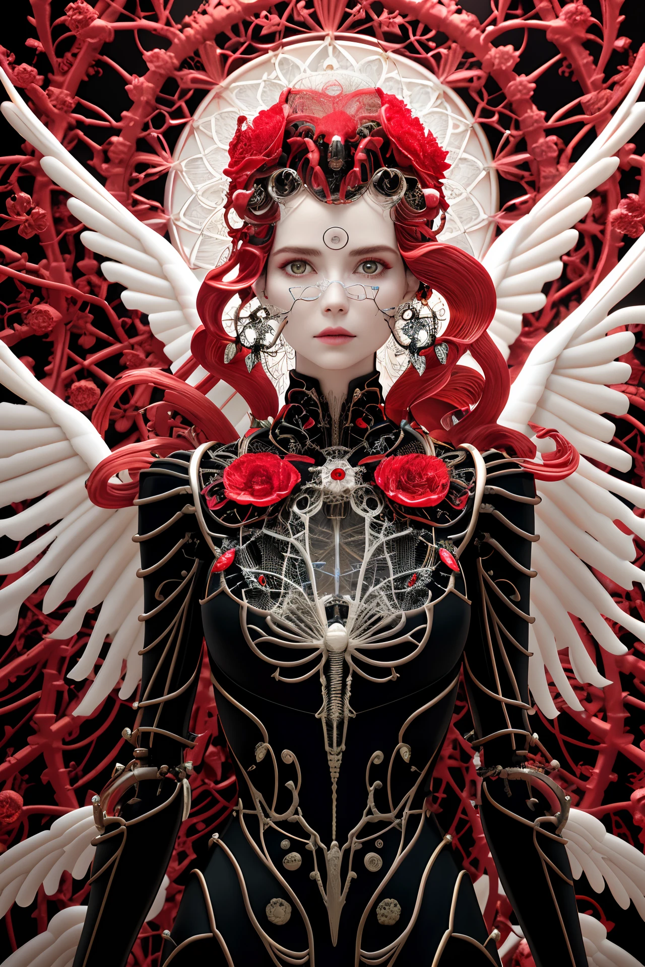 Intricate 3d rendering ultra-detailed beautiful angel of death, biomechanical robot, simulated 150mm lens, beautiful natural soft edge light, neon veins, roots, delicate leaf lace, colorful details, Boris Bidjan Saberi costume, pearl earrings, piercings, art nouveau fashion embroidery, intricate details, mesh lines, Mandelbrot fractals, facial muscles, cables, microchips, villains, surreal, ultra-detailed, octane, volumetric lighting, 8k and post-production, red The white has a little bit of black, Metal Skeleton Details, Half-Human, Iridescent, Glenn Brown Style, Futuristic Room, Power of God, High Angle Shot, Complex Body Poses