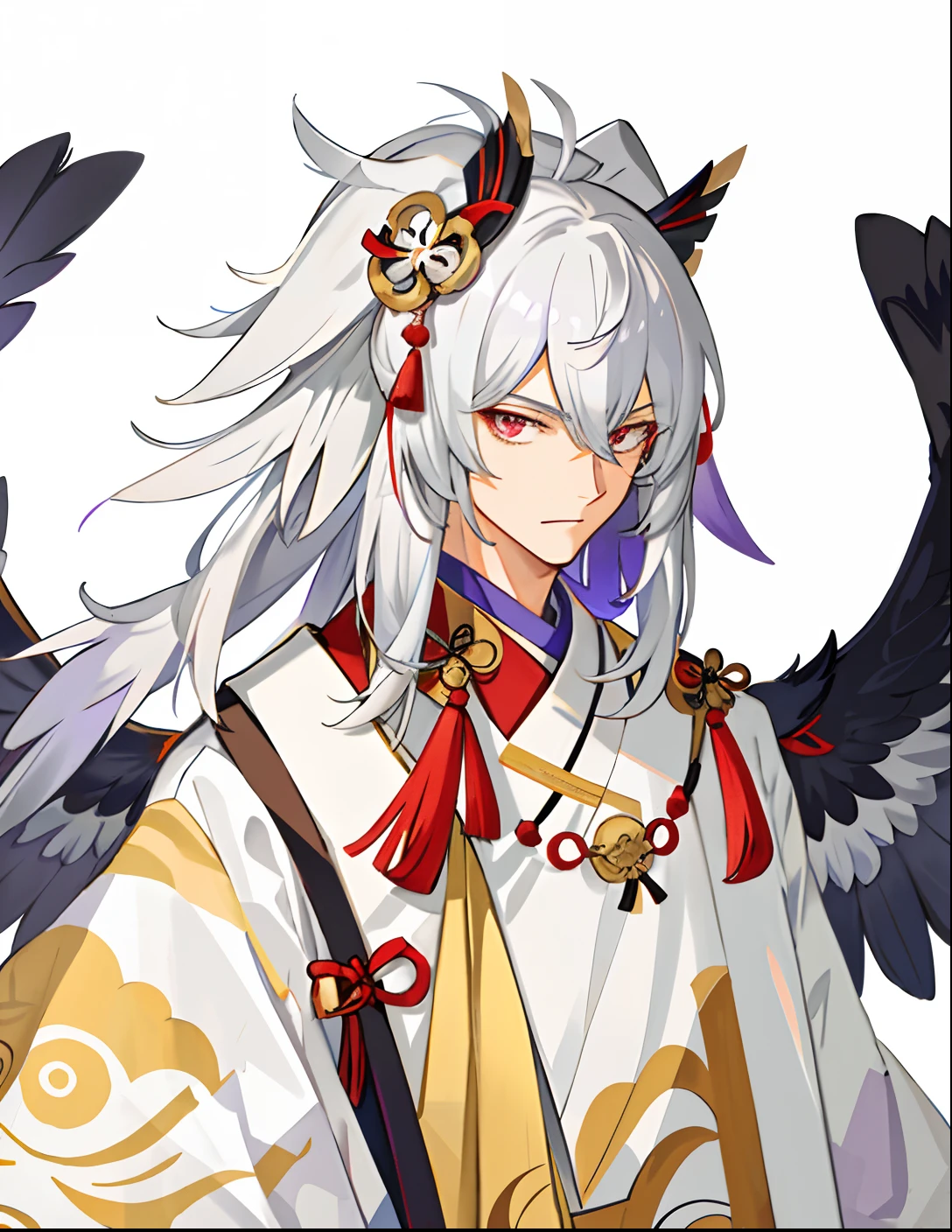 Man, Tengu, Onmyoji, Bird's Beak, Shaggy, Gray Hair, White Feathers, Long Wings, Purple Pupils, Kimono, Japanese Style, Simple Background