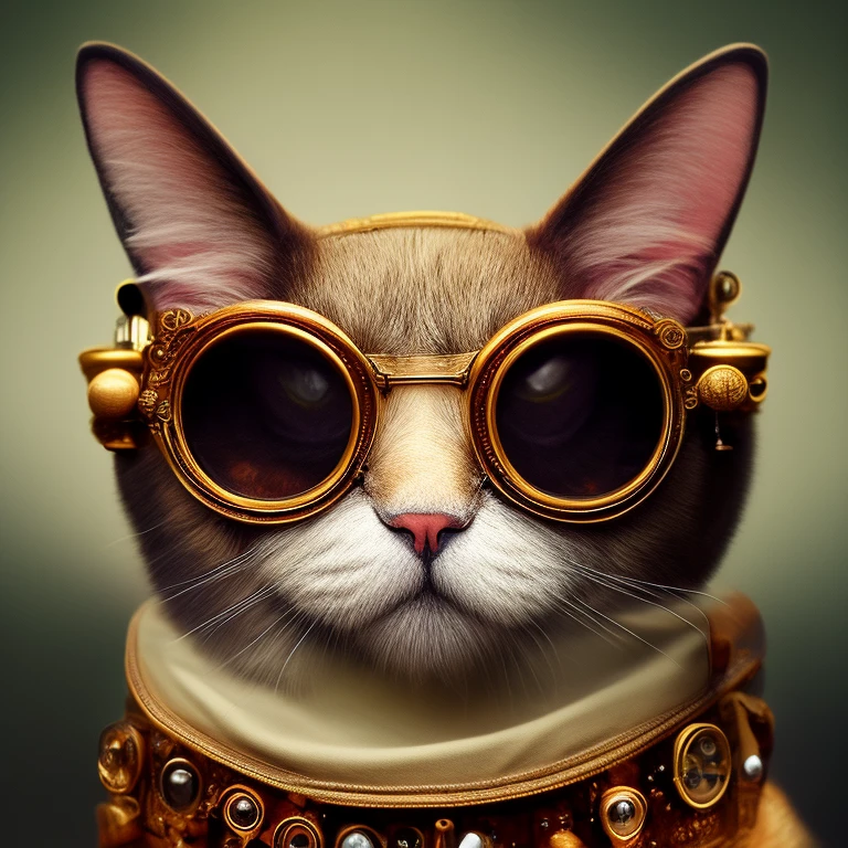  Oldjourney cat wearing steampunk glasses, transparent glasses, small steampunk cylindrical hat on his head, high detail, deep eye detail, white wool, matte painting, insanely detailed, ultra-fine detail, hyperrealism