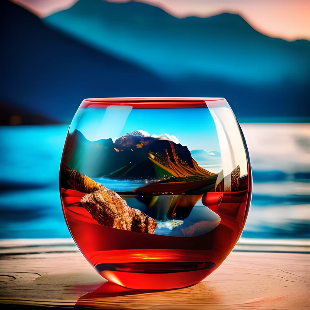 the sun in a crystal glass by the sea, against the background of the mountains, a glass of regular classical shape, open from above, below, next to the glass, lies a red rose, high-quality realistic photography