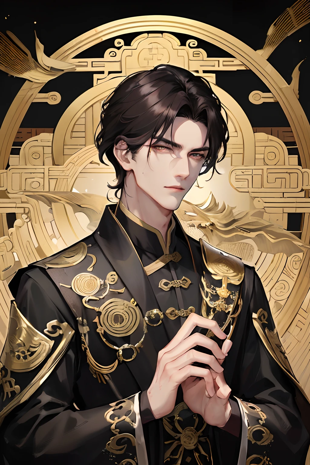 masterpiece, exquisite, night, full moon, 1 person, mature man, ancient China, Chinese court, eagle, dark hair, dark eyes, split hair, long bangs, handsome, handsome, masculine, serious, gentle, tall, calm, black and gold, golden pattern, dragon pattern, prince, sword fitting, side, detail of facial features, exquisite facial features
