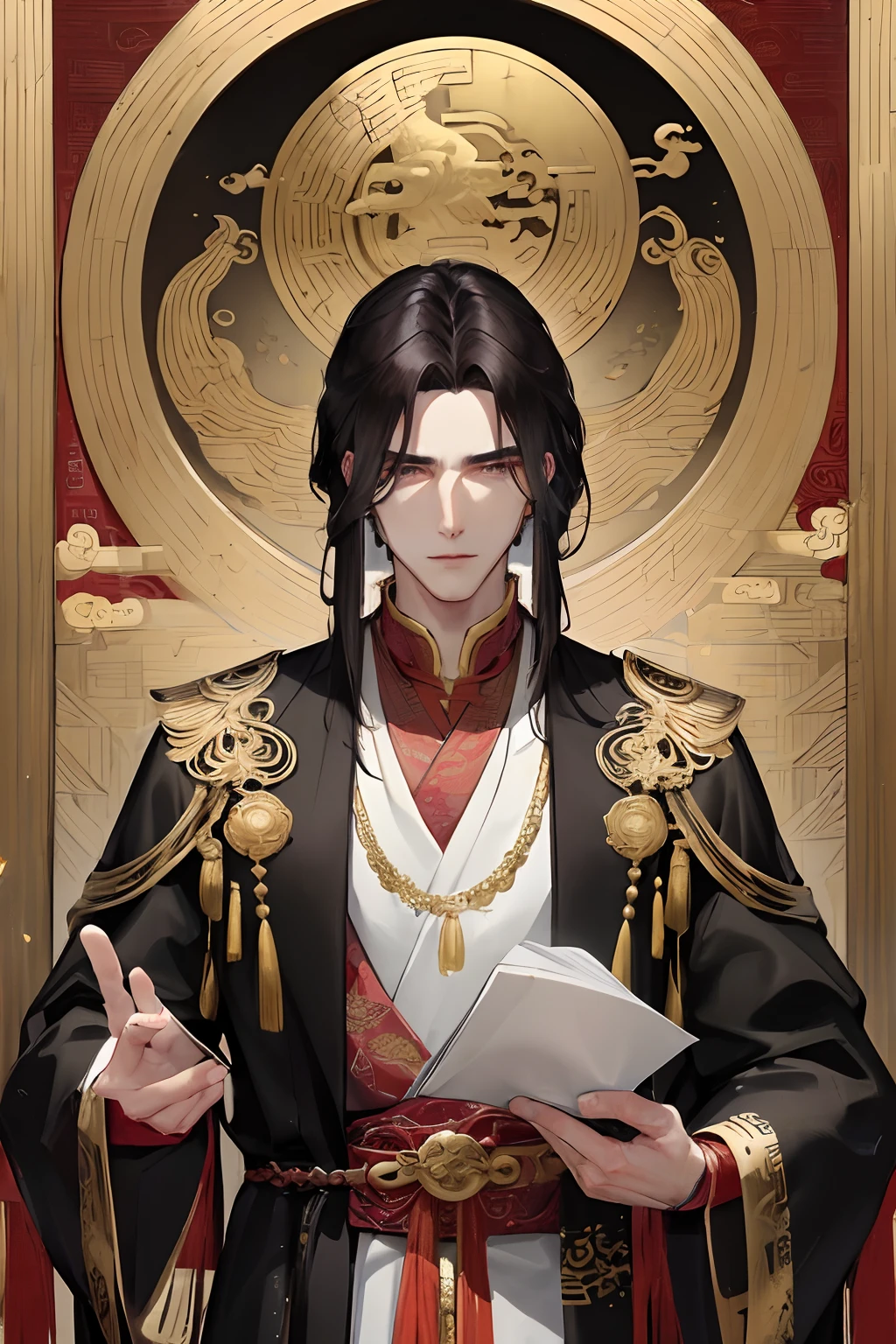masterpiece, exquisite, night, full moon, 1 person, mature man, ancient China, Chinese court, eagle, dark hair, dark eyes, split hair, long bangs, handsome, handsome, masculine, serious, gentle, tall, calm, black and gold, golden pattern, dragon pattern, prince, sword fitting, side, detail of facial features, exquisite facial features