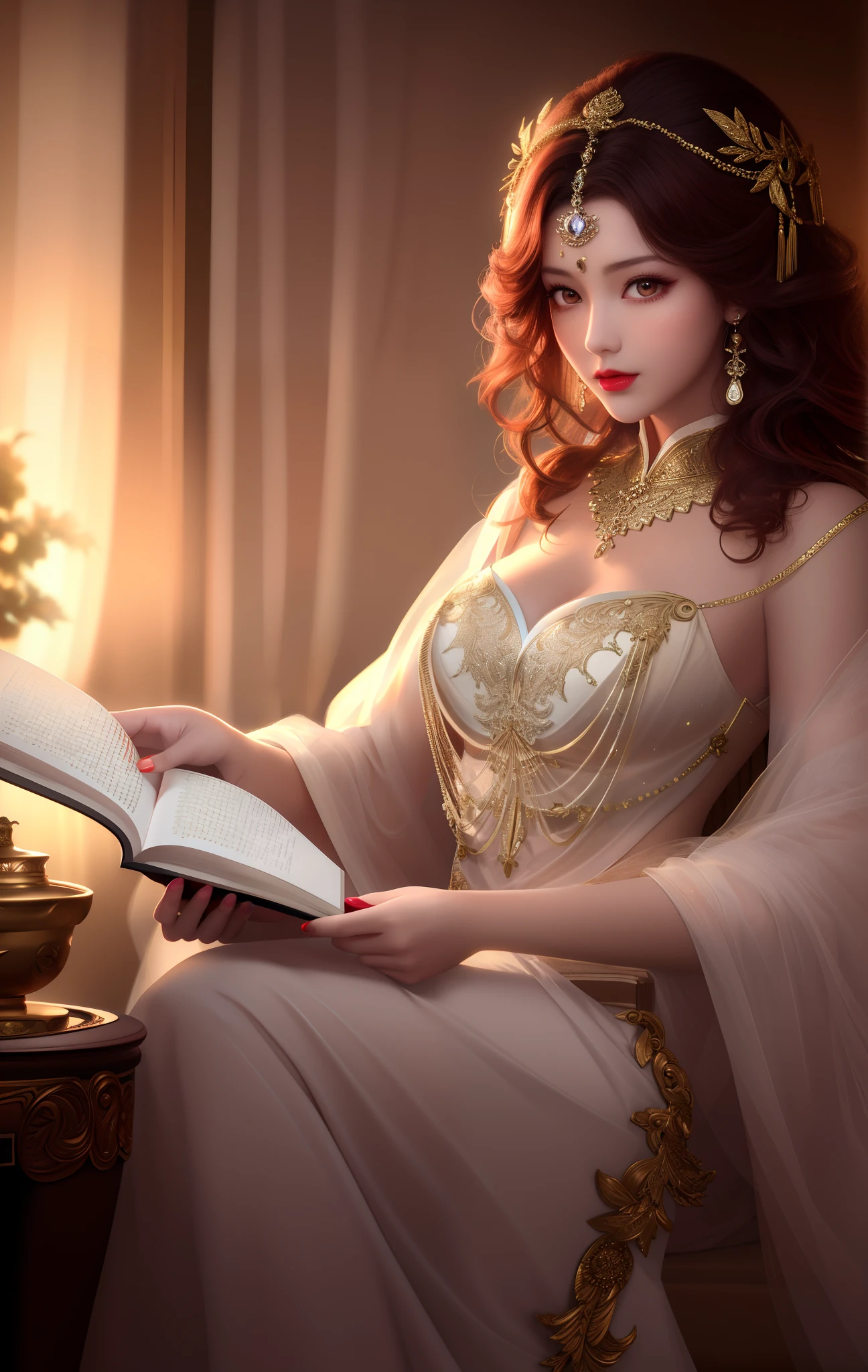 high-quality digital art, reading, wavy long hair, red hair, clear forehead, gold eyes, red lips, white skin, red nails, picture-perfect face, flawless, clean, masterpiece, (((sharp))) ((focus)) (instagram) (8k) masterpiece, beautiful outfit, delicate tracing, pink accents, digital painting, inside, fireplace, highly detailed light, cinematic light, high-quality, a digital painting masterpiece, best quality, absurdly high resolution, lying on the couch, cozy, library, sleeping dog, detailed background, reading a book, magic book, big window, moon, shiny reflection, intricate details, glow, shiny hair, long hair, lustrous skin, smooth, one girl