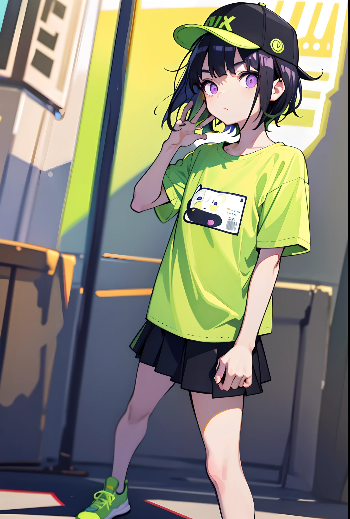 masterpiece, flat background, no background, full body, standing, 1girl, solo, cute, baseball cap, fluorescent green t-shirt, miniskirt, sneakers, black short hair, 50mm portrait, delicate facial features, semi realistic, sharp focus, ultra detailed, absurdres, depth of field, purple eyes, neon
