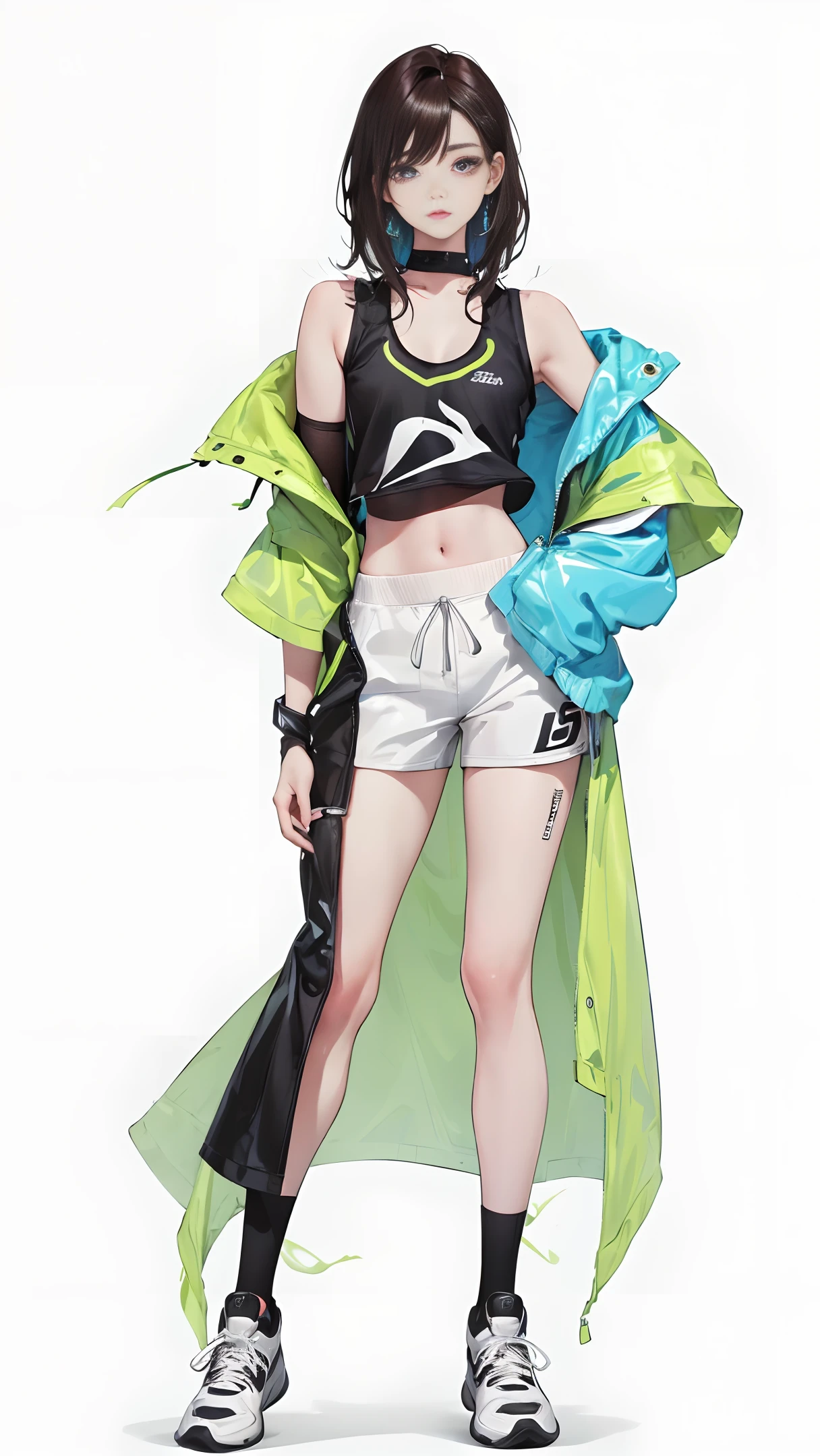 (Sports vest: 1.6), realistic, (ultra-realistic: 1.2), masterpiece, top quality, bare wrists, dark hair, white short sleeve t-shirt, black sports shorts, 1 person wearing a colored PVC vest (movie distracts attention)), full body, sneakers, beautiful eyes, sparks, accessories, portraits, original games, laser painting, c44 D, pretty face, dark bottoms, 1 piece of women's clothing (color), shoes (Divers ance), full body, beautiful eyes, accessories, pretty eyes, pretty luses, accessories, portraits, game art, character concept design, beauty, white background, masterpiece, high quality, high resolution