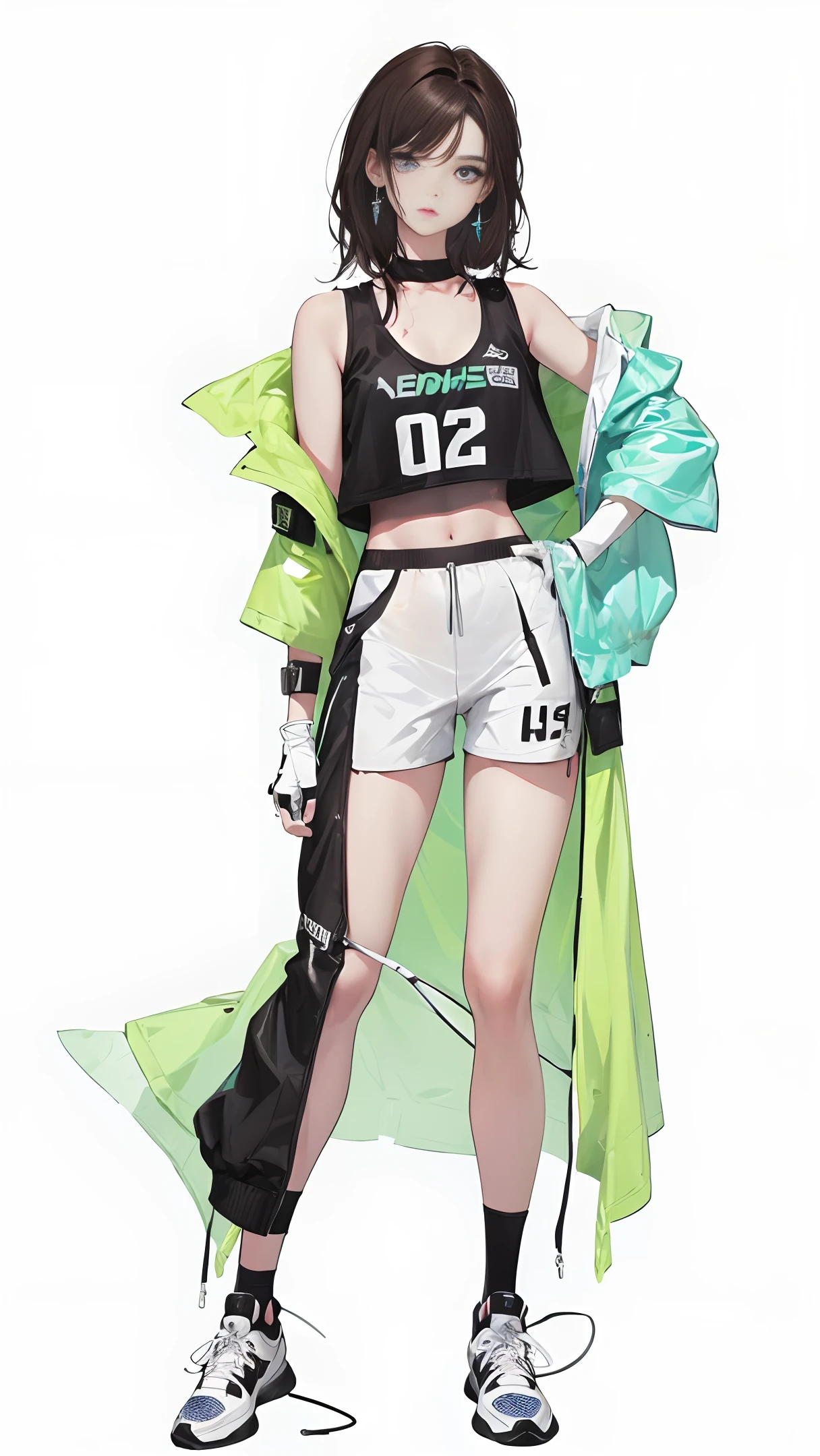 (Sports vest: 1.6), realistic, (ultra-realistic: 1.2), masterpiece, top quality, bare wrists, dark hair, white short sleeve t-shirt, black sports shorts, 1 person wearing a colored PVC vest (movie distracts attention)), full body, sneakers, beautiful eyes, sparks, accessories, portraits, original games, laser painting, c44 D, pretty face, dark bottoms, 1 piece of women's clothing (color), shoes (Divers ance), full body, beautiful eyes, accessories, pretty eyes, pretty luses, accessories, portraits, game art, character concept design, beauty, white background, masterpiece, high quality, high resolution