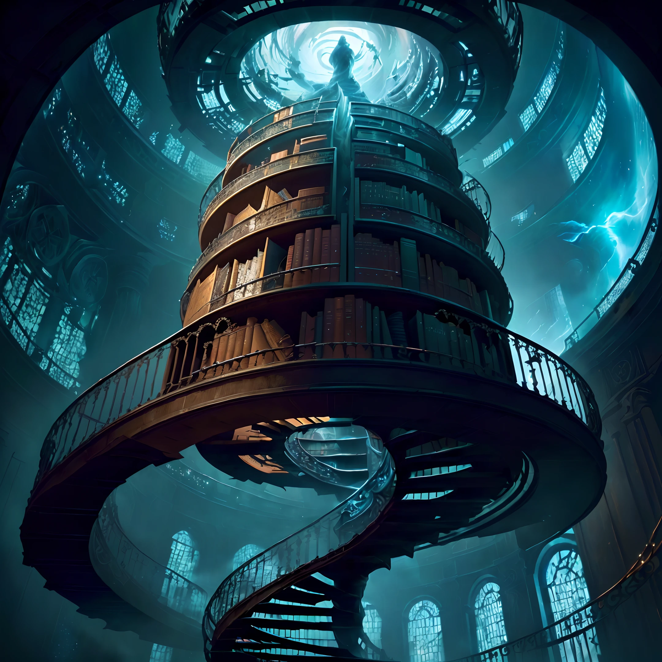Stable Diffusion Prompt: Stare into the Infinite Vortex Library, with endless books, flying pages, spiraling staircase, starry nebula, ominous vibe, cinematic atmosphere, negative dark mode, MC Escher, Senseijaye Art, Matrix ambiance, rotating digital codes, and matte painting.