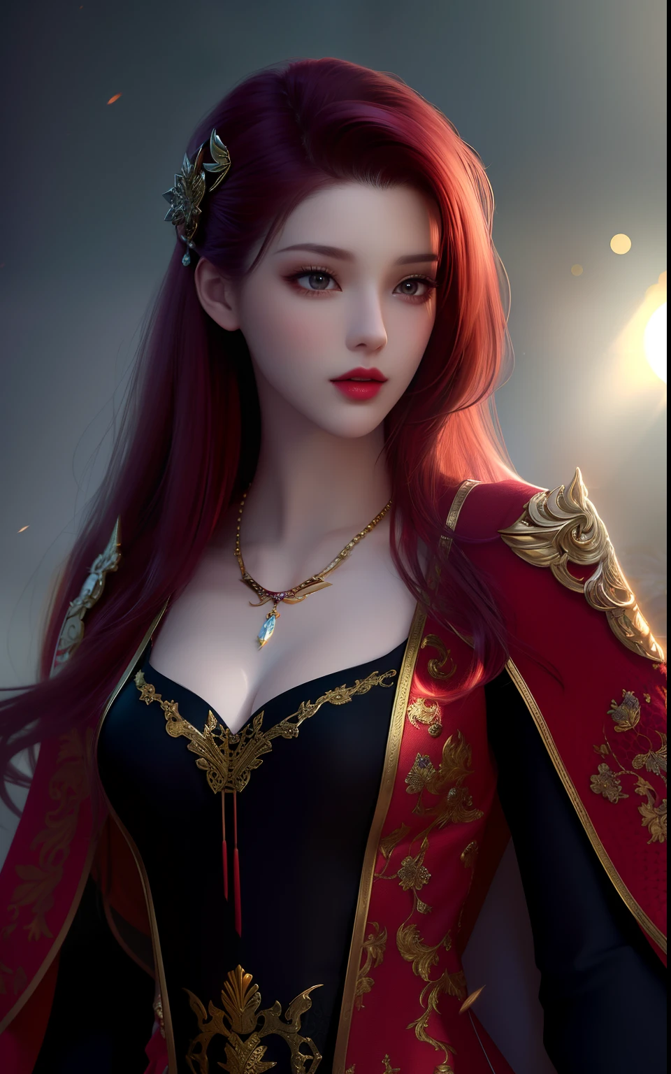 high-quality digital art, wavy long hair, red hair, bangs, clear forehead, gold eyes, red lips, white skin, red nails, picture-perfect face, flawless, clean, masterpiece, (((sharp))) ((focus)) (instagram) (8k) masterpiece, beautiful outfit, delicate tracing, pink accents, digital painting, inside, fireplace, highly detailed light, cinematic light, high-quality, a digital painting masterpiece, best quality, absurdly high resolution, lying on the couch, cozy, library, sleeping dog, detailed background, reading a book, magic book, big window, moon, shiny reflection, intricate details, glow, shiny hair, long hair, lustrous skin, smooth, one girl