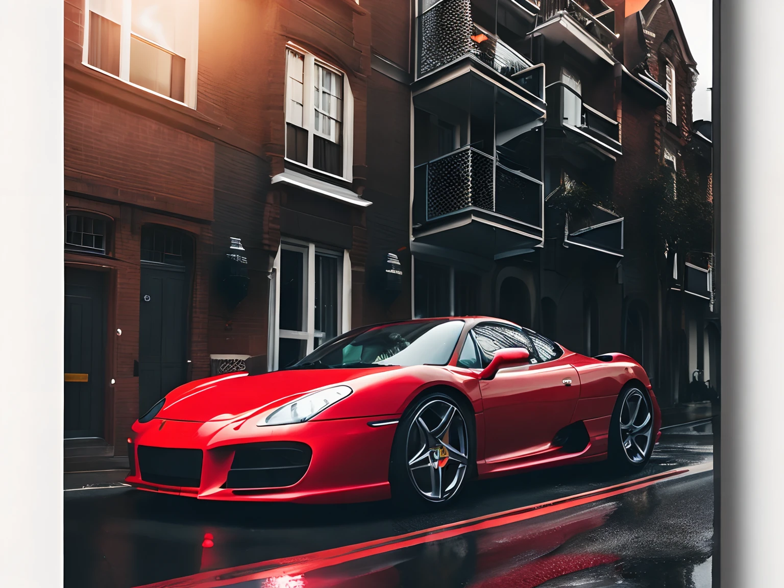 Very detailed RAW photo, masterpiece, red sports car outside, daytime, wet weather, film, good lighting, glare, bright