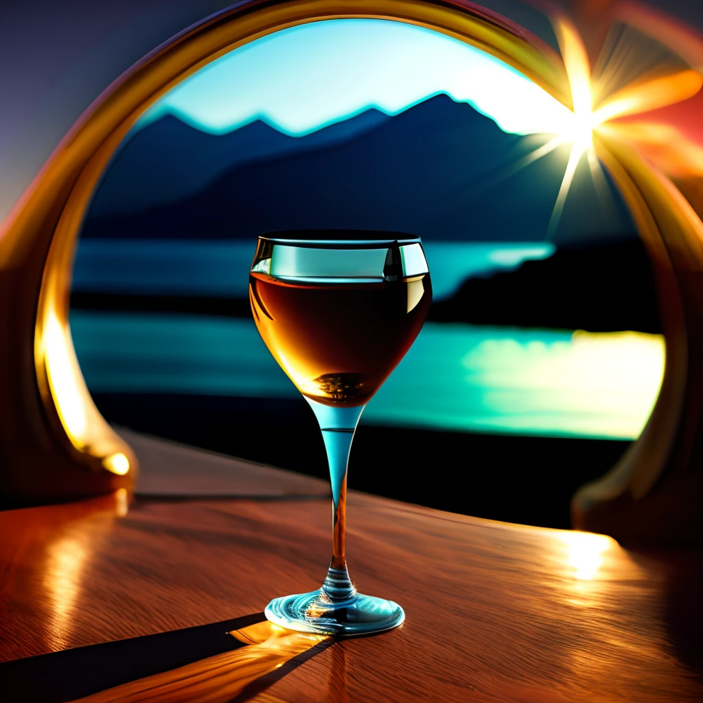 the sun in a crystal glass by the sea, against the background of the mountains, a glass of regular classical shape, open from above, below, next to the glass, lies a red rose, high-quality realistic photography