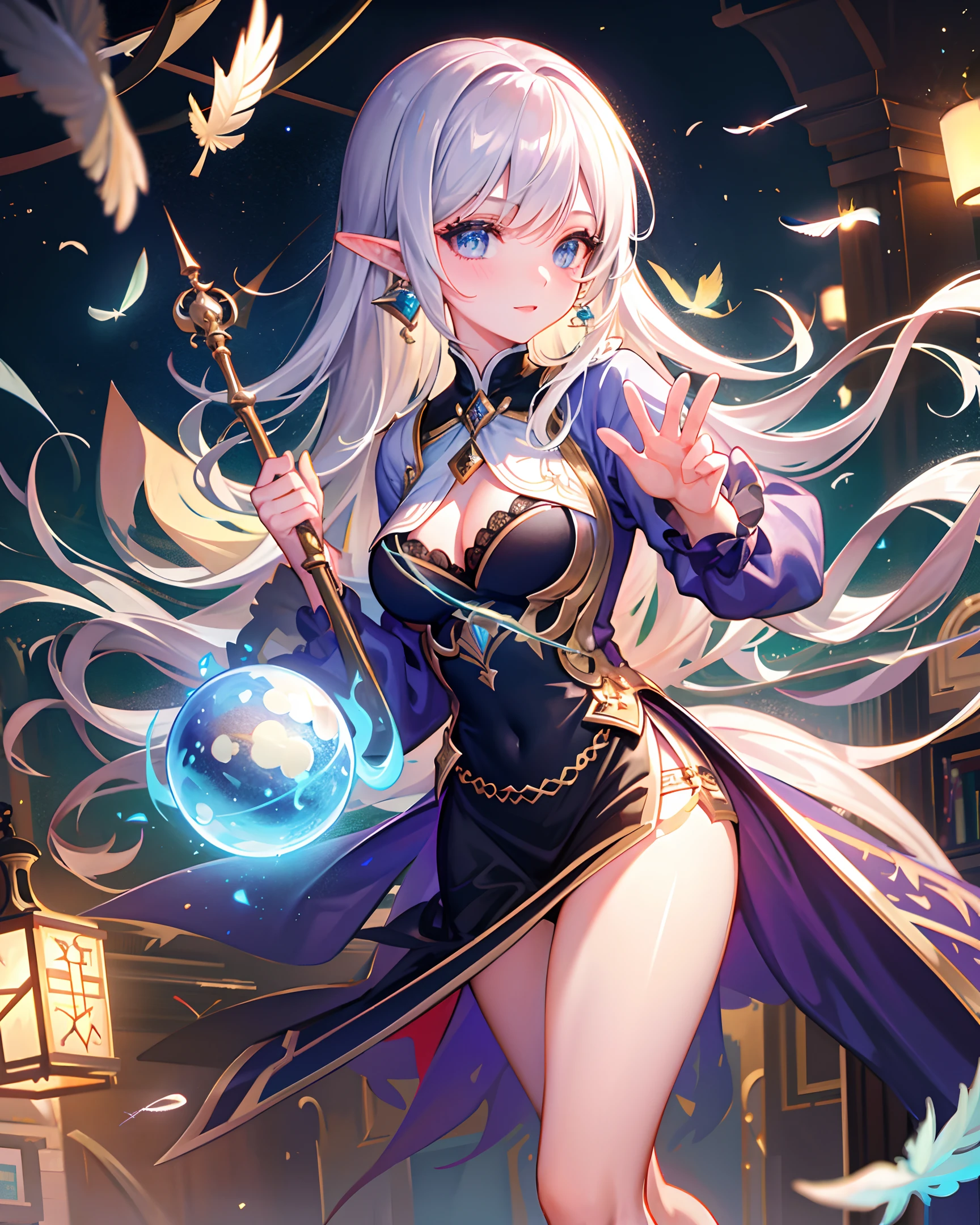 (masterpiece, best quality, extremely detailed CG, beautiful detailed eyes, ultra-detailed, intricate details: 1.2), 8k wallpaper, exquisite features, (1girl, solo: 1.4), long hair, striped hair, elf, aura, looking at the viewer, blue eyes, earrings, underwear, anklets, big boobs, arcane, blue flame, feathers, birds, magic surround, magic wands, magic balls, books, magic wands, magic balls, books, flying pages in the sky, magic array, magic array, spell, night, dark