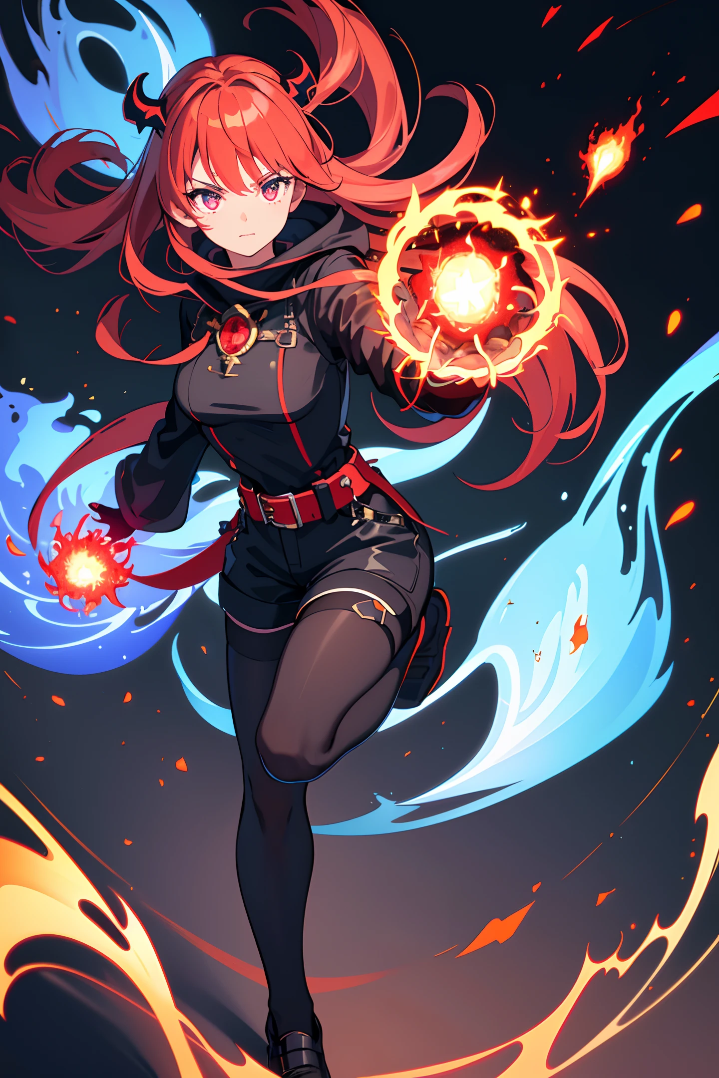 (masterpiece:1.2, best quality), (extremely detailed CG unity 8k wallpaper, masterpiece, best quality, ultra-detailed, best shadow), (beautiful detailed face, beautiful detailed eyes), (finely detailed beautiful eyes: 1.2), (1 girl), (long crimson hair:1.2), (black hooded jacket:1.2), (black shirt:1.2), (black shorts:1.2), (black tights socks:1.2), (glowing chest rune:1.2), (glowing crimson eyes:1.2), (fingerless gloves:1.1), big breasts, (crimson horns:1), fire witch, (blue flame particles:1.3), (red flame particles), (black background), high contrast