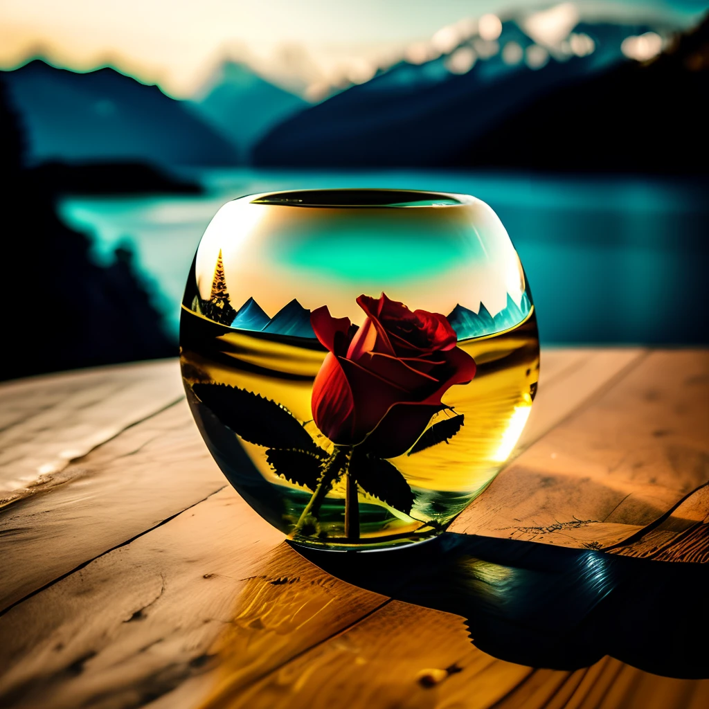 the sun in a crystal glass by the sea, against the background of the mountains, a glass of regular classical shape, open from above, below, next to the glass, lies a red rose, high-quality realistic photography