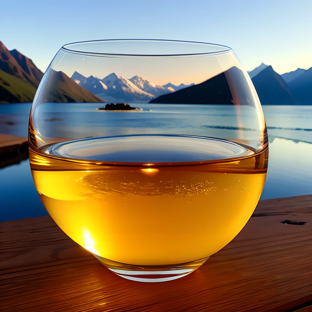 the sun in a crystal glass by the sea, against the background of the mountains, a glass of regular classical shape, open from above, below, next to the glass, lies a red rose, high-quality realistic photography