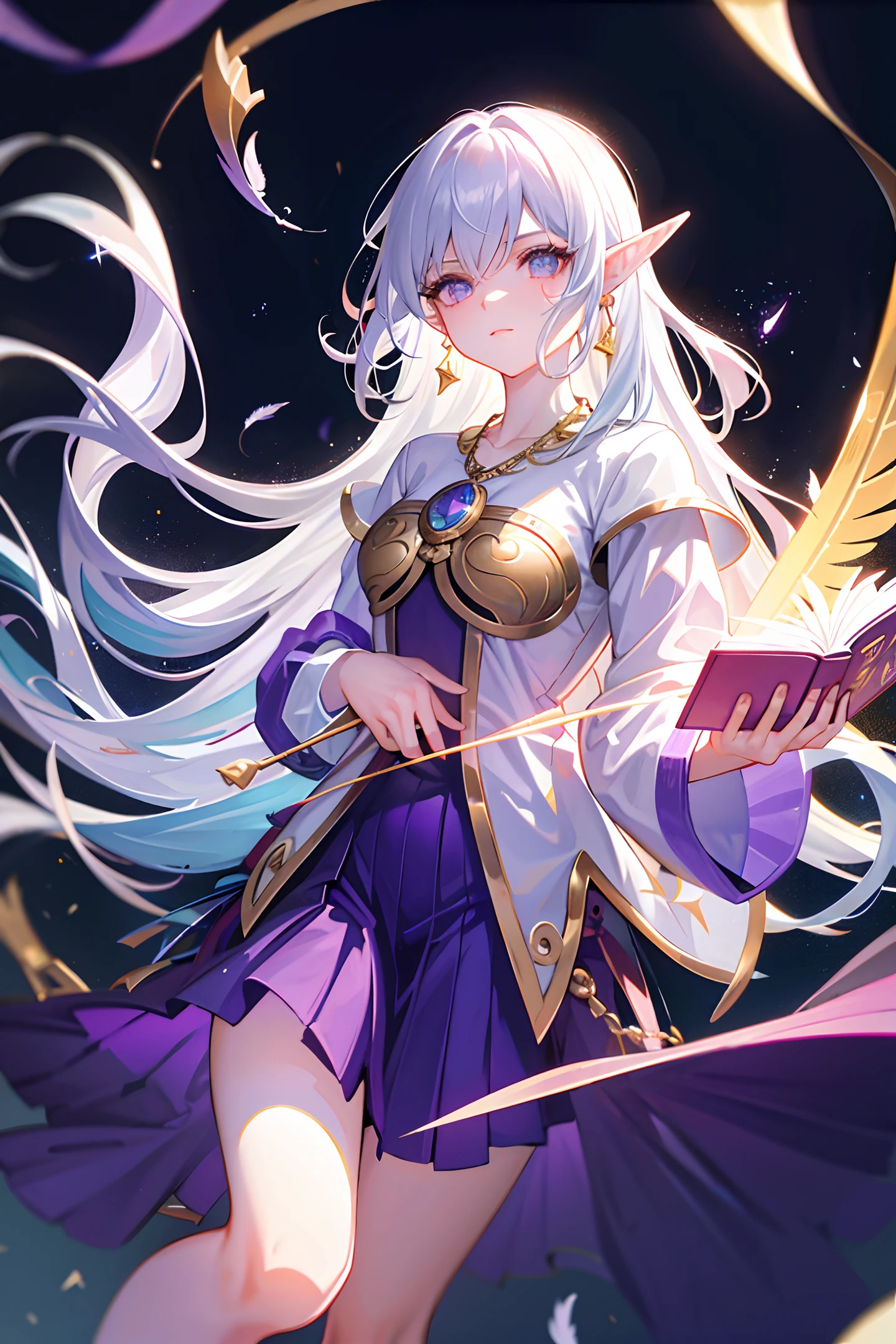 (masterpiece, excellent picture quality, beautiful CG, fine eye details, ultra-fine, intricate details: 1.2), 8k wallpaper, exquisite facial features, (1girl, solo: 1.4), long hair, (flying hair: 1.2), (wind L: 1.3), (elf, aura: 1.3), exquisite eyes, glowing eyes, earrings, underwear, anklets, breastplate, necklace, necklace, (purple flame: 1.5), feathers, (magic book, magic ball: 1.5), (Flying Paper): 1.4, Flying Paper Magic circle, Spell, Night, Darkness, (Prism, 1.4) Starry Background, (Colorful Splash: 1.5), Splash Art, Real Lighting, (Cool Magic Effect: 1.2), (High Saturation), High Contrast: 1.4), Extreme Color, (Surrounded by glowing white particles: 1.6)